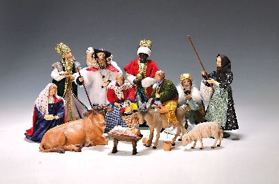 Image Krippenfiguren, 20./21 Jh., Maria, Josef alsHirte, Jesuskind in der Krippe, Ochse, Esel ...