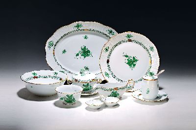 Image 26973996 - Speiseservice, Herend, Apponyi grün, Porzellan, 6 Menueteller D. 25.5 cm, 6 ...