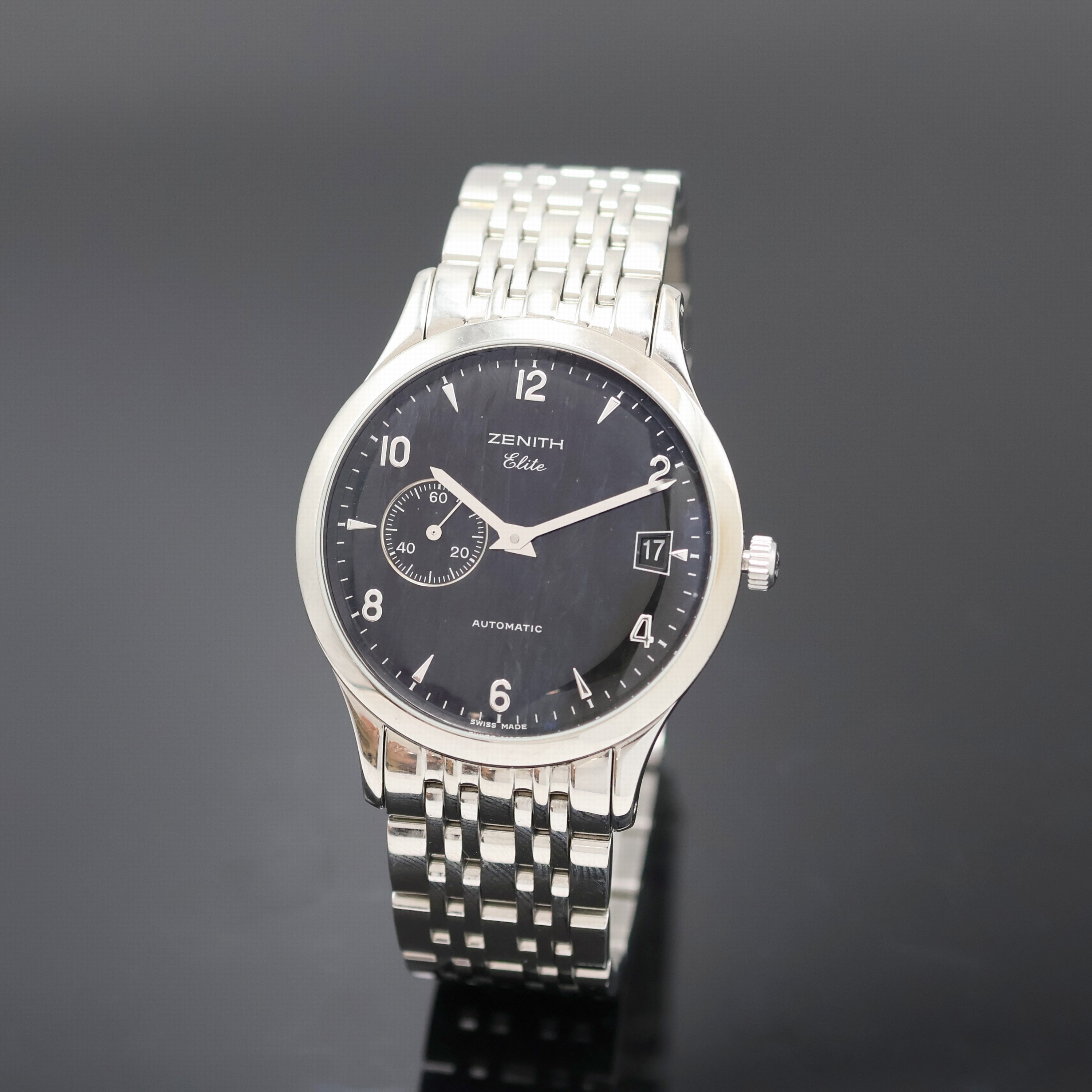 ZENITH Elite Herrenarmbanduhr Referenz 01/02.1125.680, Schweiz um 2000, Automatik, beids. vergl. Edelstahlgeh. inkl. Gliederband m. dopp. Faltschl., ...