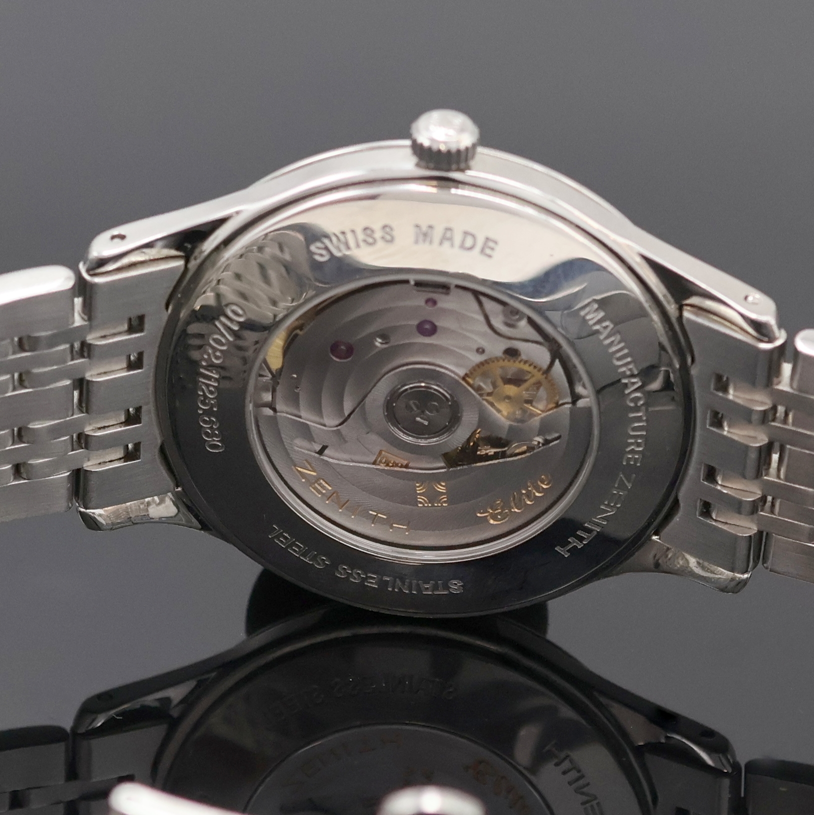 Detail d: ZENITH Elite Herrenarmbanduhr Referenz 01/02.1125.680, Schweiz um 2000, Automatik, beids. vergl. Edelstahlgeh. inkl. Gliederband m. dopp. Faltschl., ...
