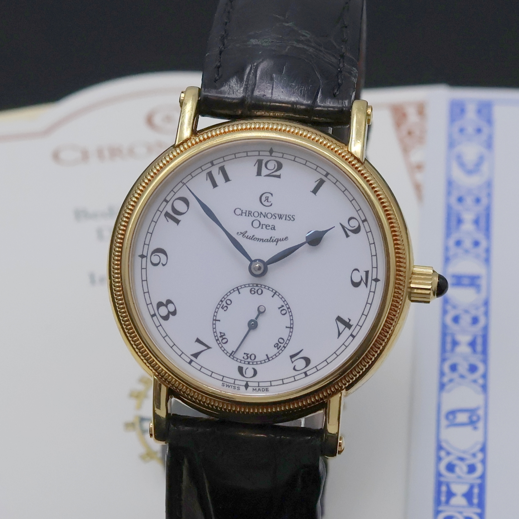 Detail a: CHRONOSWISS Orea Automatique Herrenarmbanduhr in GG 750/000 Referenz CH 1261, Automatik, beids. vergl. Geh. inkl. orig. Lederband m. orig. GG 750/000 ...