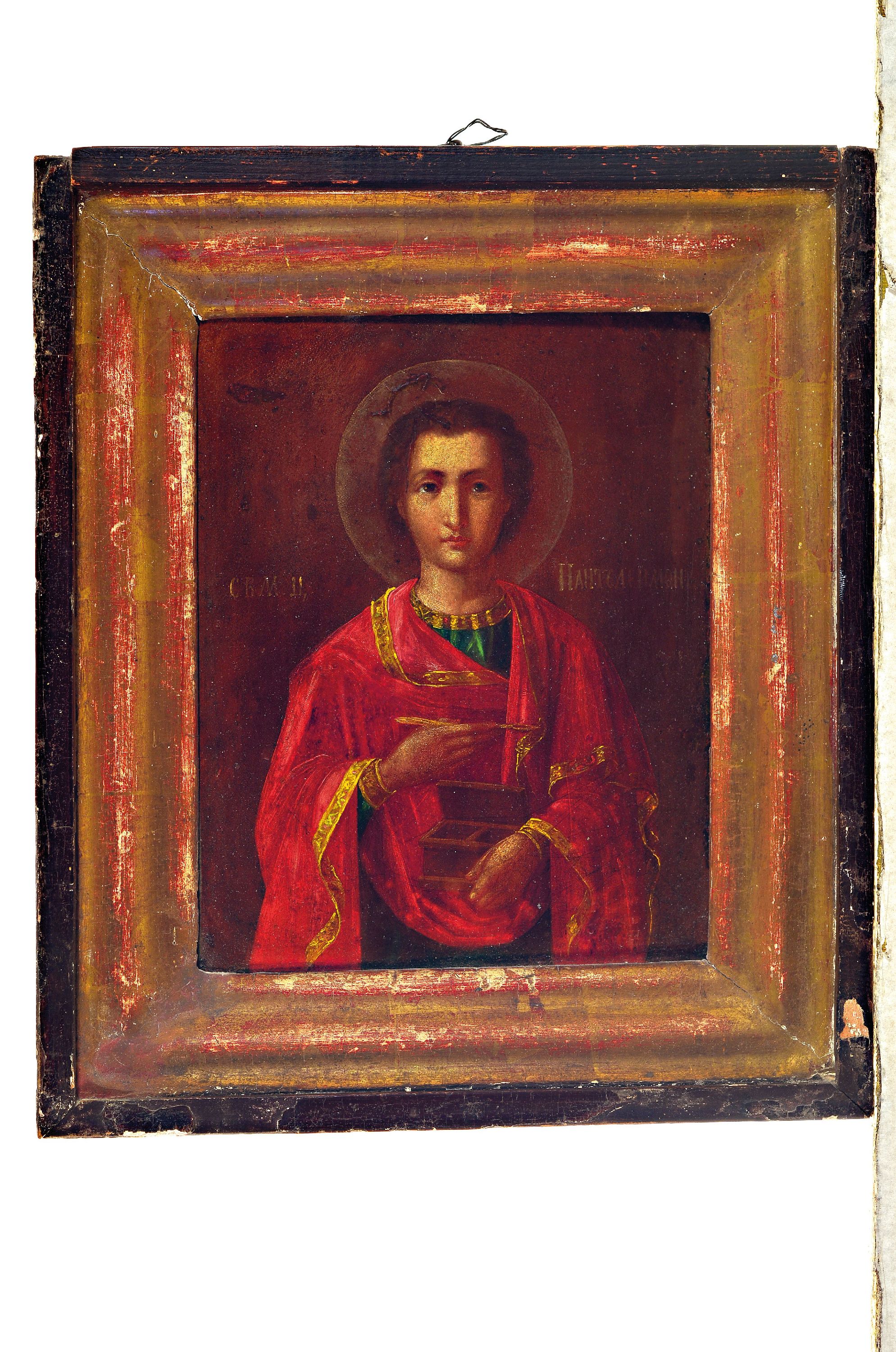 Detail k: Ikone, Russland, 19.Jh., Heiliger mit Feder und Tintenzeug, Eitempera auf Holz, leichte Altersschäden, ca. 24 x 18 cm, eventuell Hl. Mätthäus, ...