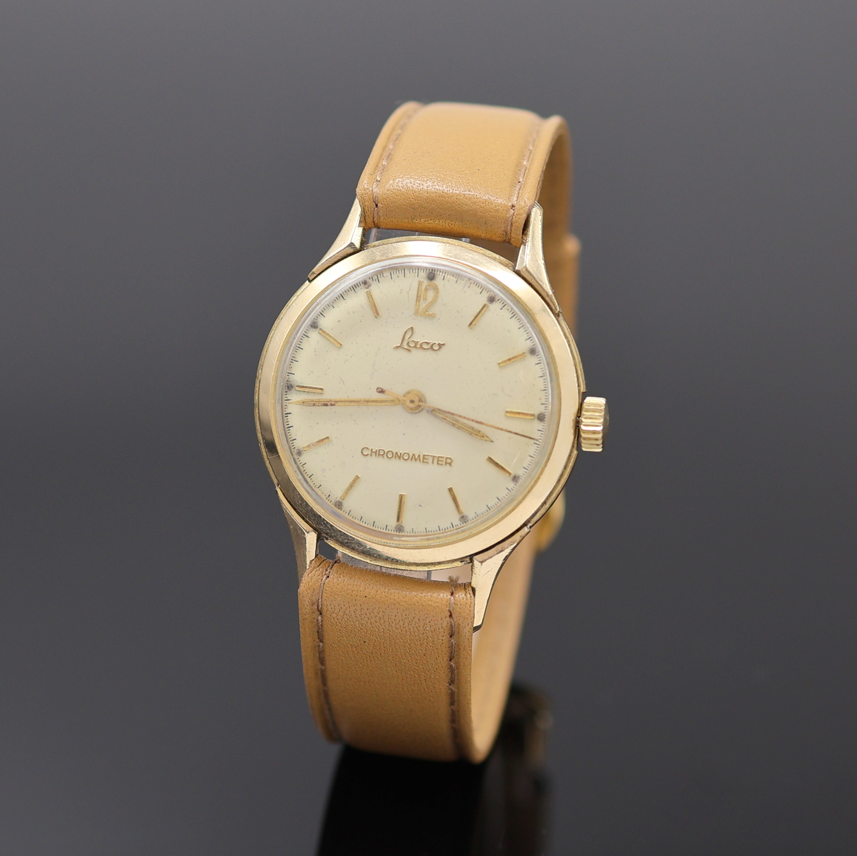 LACO Armbanduhr Chronometer mit Kaliber Durowe 630, Deutschland 1960er Jahre, Handaufzug, 20 Mikron verg. Geh., Boden u. Glasrand aufgedr., silb. ...