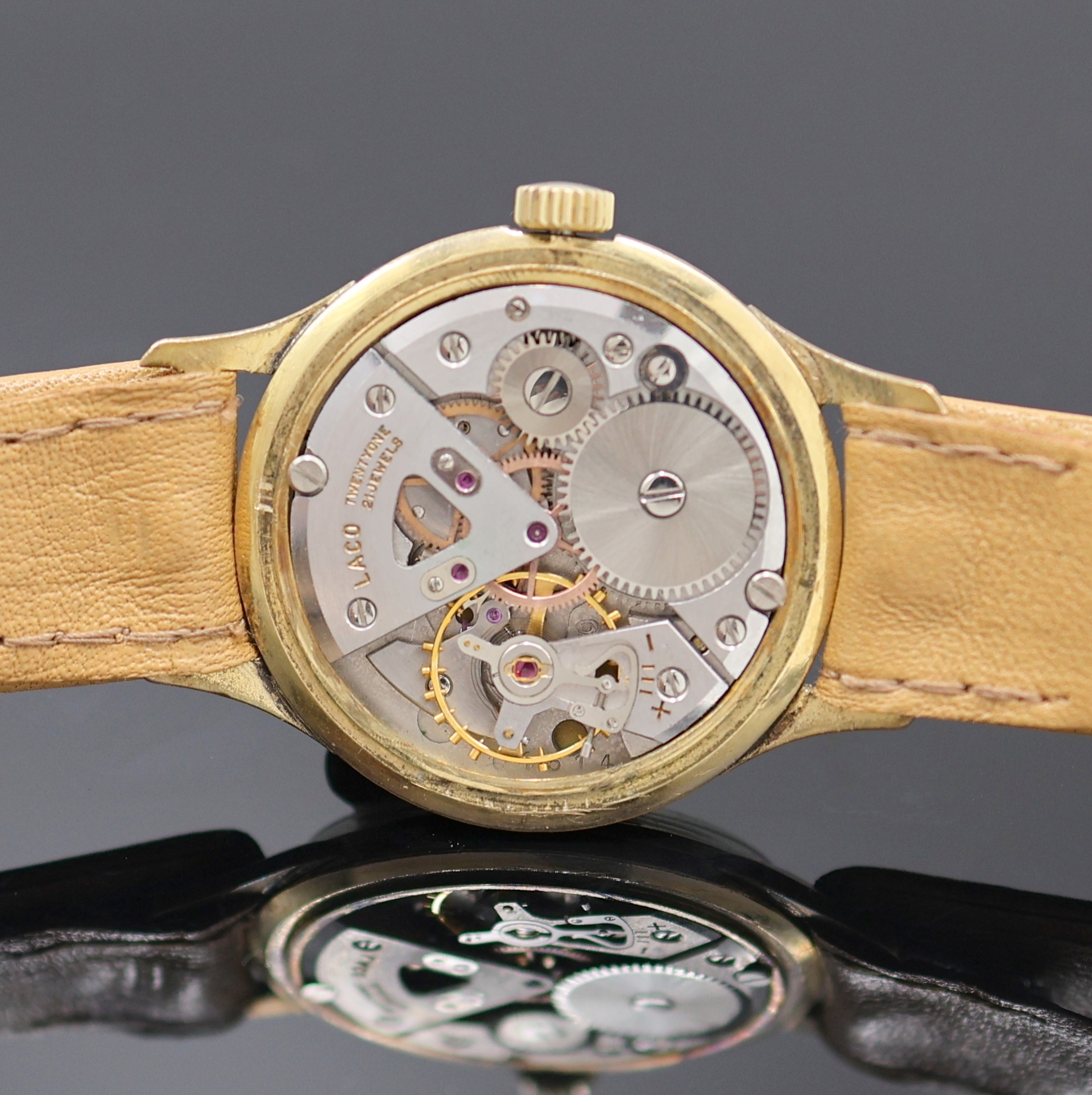 Detail d: LACO Armbanduhr Chronometer mit Kaliber Durowe 630, Deutschland 1960er Jahre, Handaufzug, 20 Mikron verg. Geh., Boden u. Glasrand aufgedr., silb. ...