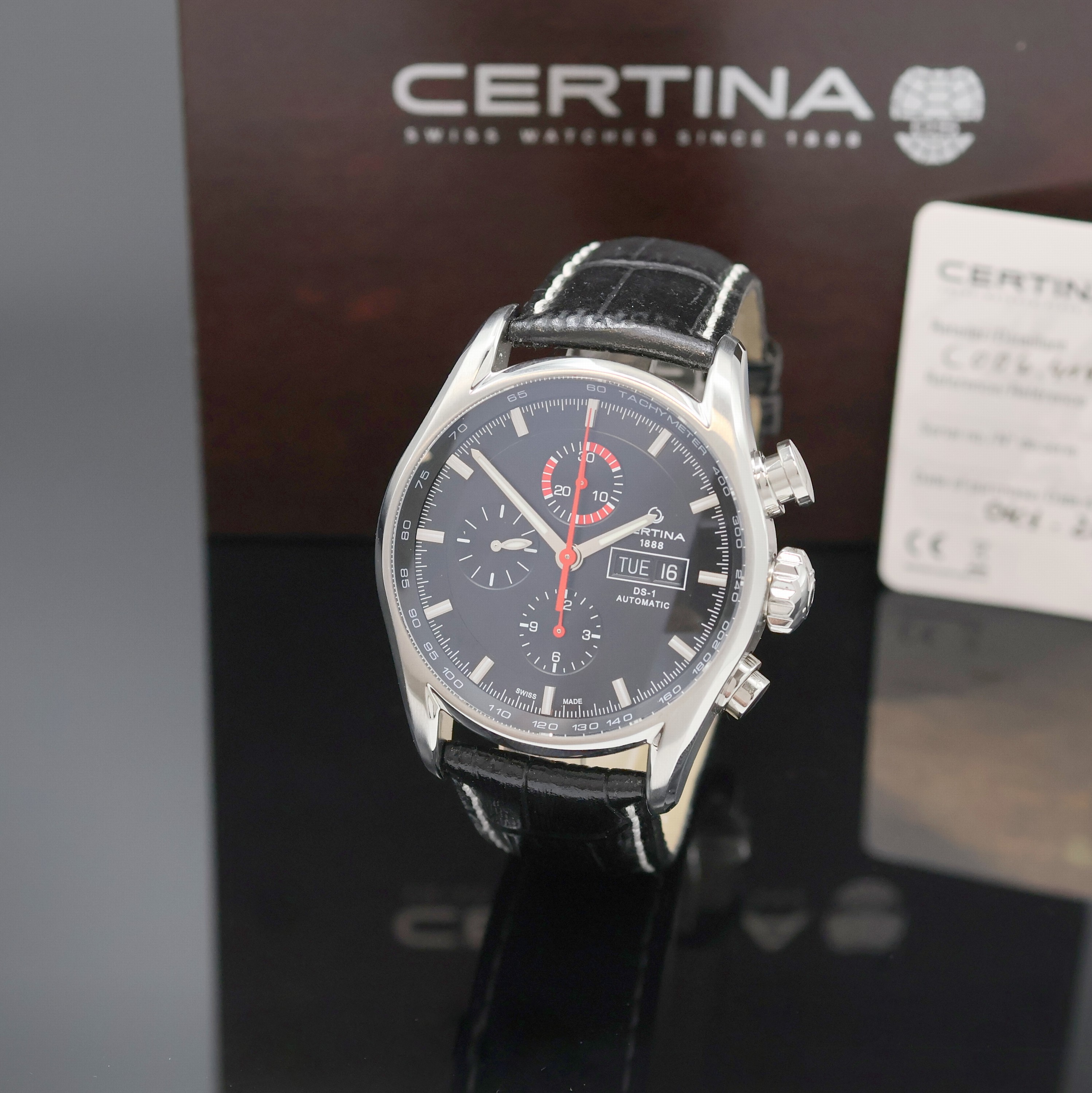 CERTINA DS-1 Herrenchronograph Referenz C006414 A, Schweiz um 2016, Automatik, beids. vergl. Geh. inkl. orig. Lederband m. dopp. Faltschl., Boden ...