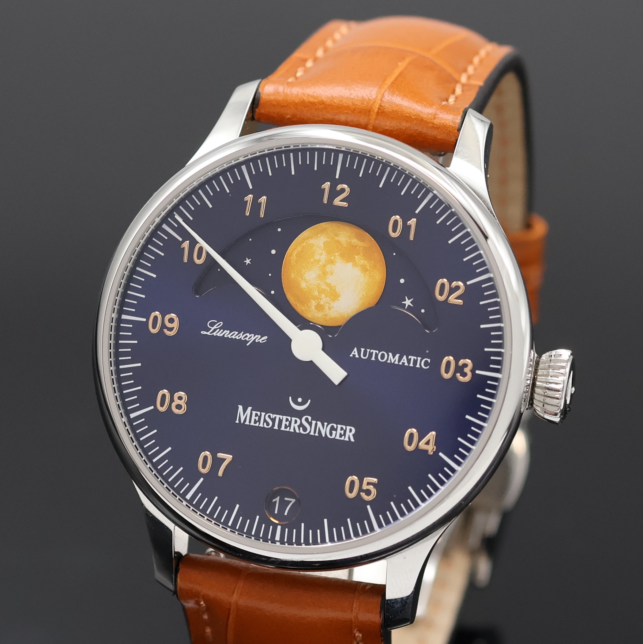Detail a: MEISTERSINGER Lunascope Einzeiger- Herrenarmbanduhr, Automatik, Schweiz um 2021, Edelstahlgeh. inkl. orig. Lederband m. orig. dopp. Faltschl., beids. ...