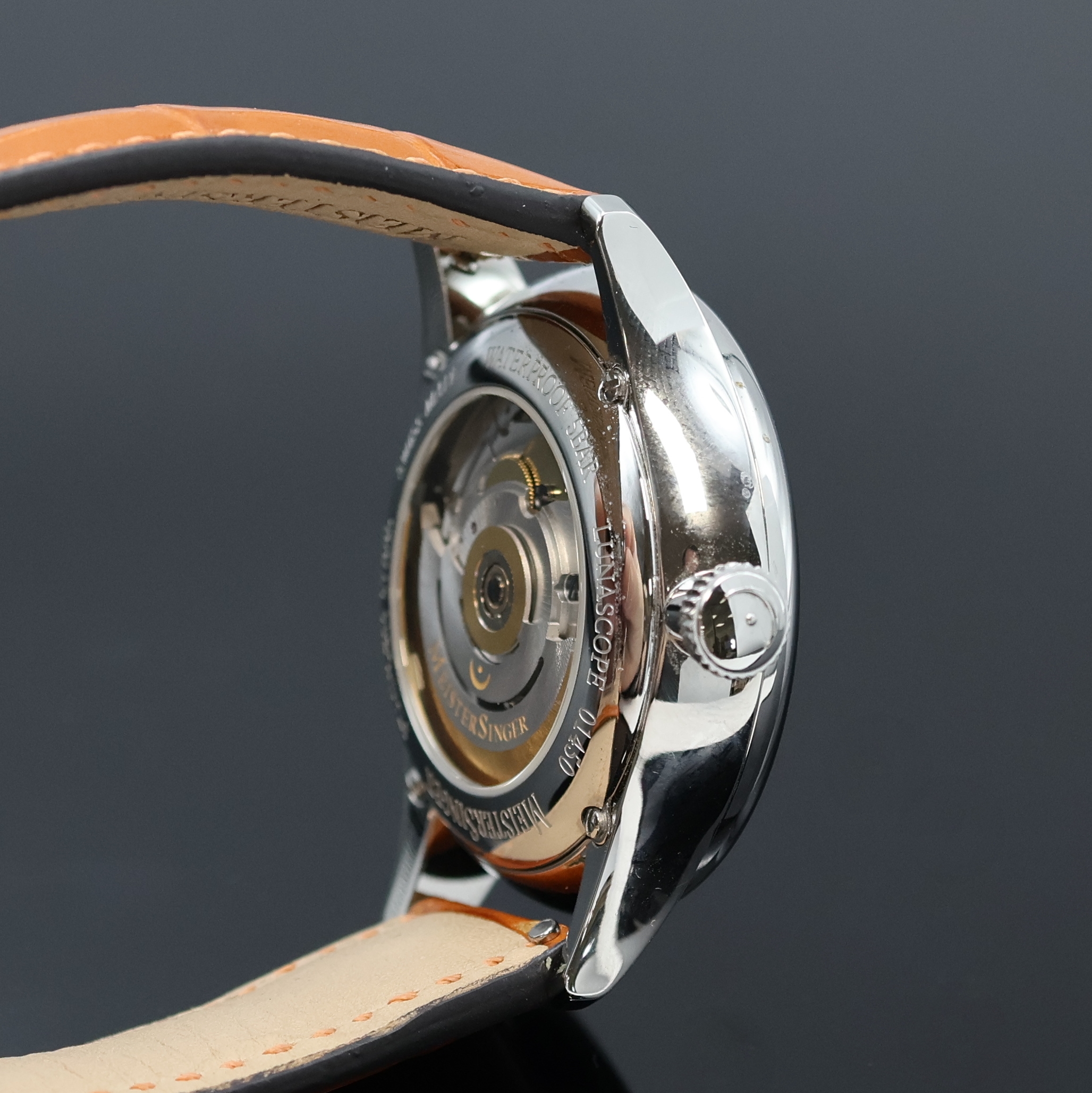 Detail c: MEISTERSINGER Lunascope Einzeiger- Herrenarmbanduhr, Automatik, Schweiz um 2021, Edelstahlgeh. inkl. orig. Lederband m. orig. dopp. Faltschl., beids. ...