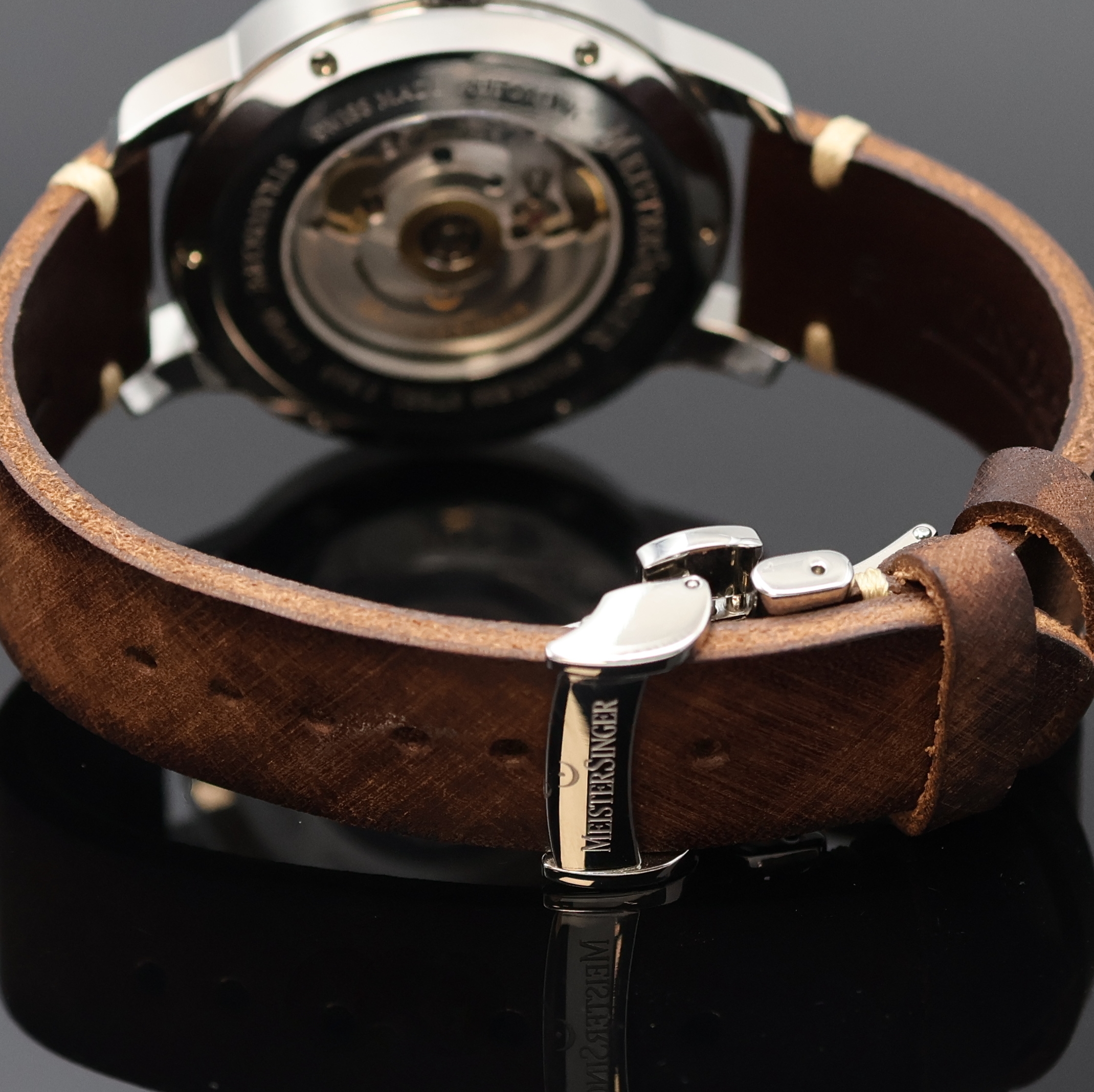 Detail b: MEISTERSINGER Stratoscope Einzeiger- Herrenarmbanduhr, Automatik, Schweiz um 2023, Edelstahlgeh. inkl. orig. Lederband m. orig. Faltschl., beids. ...