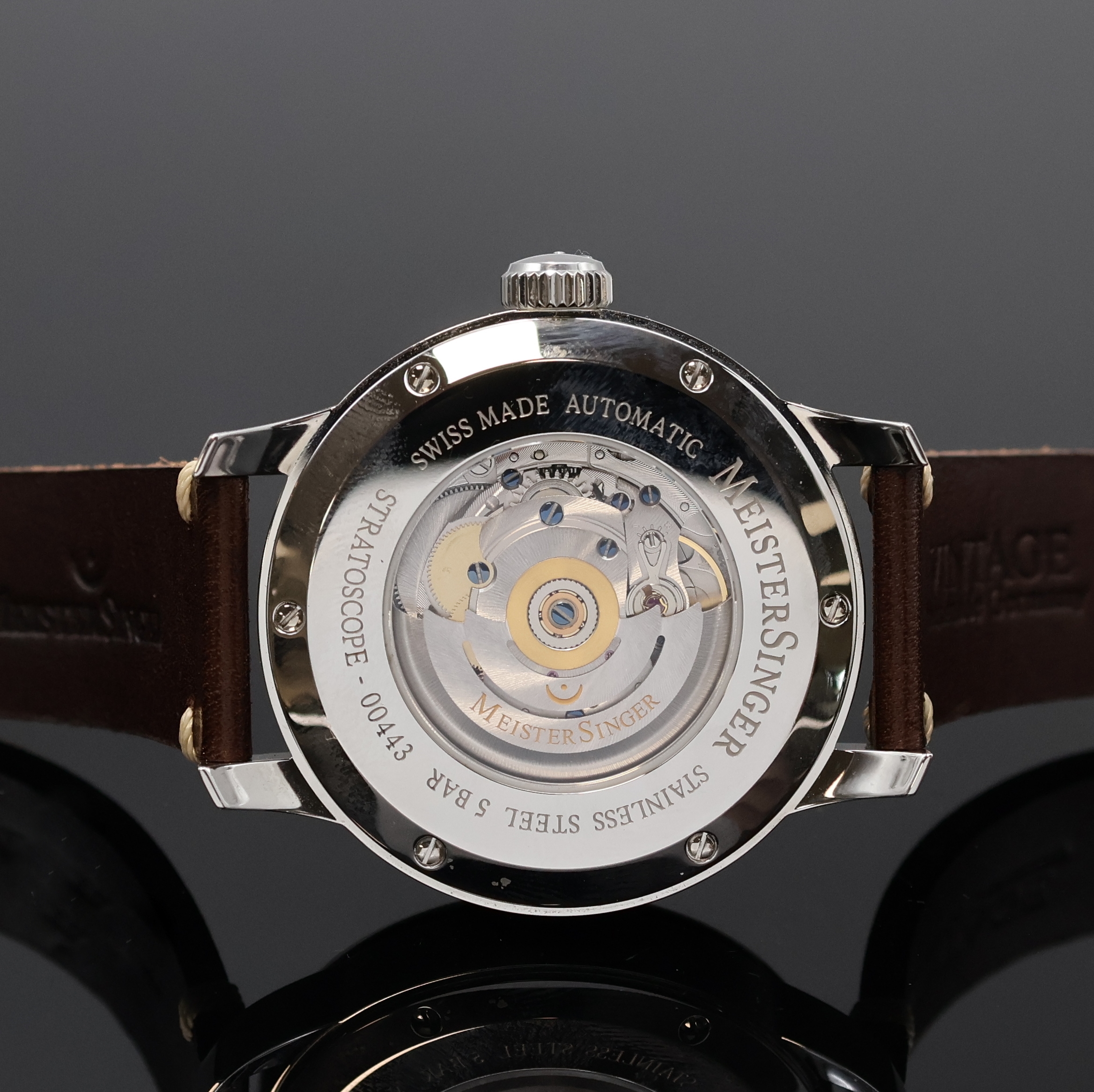 Detail d: MEISTERSINGER Stratoscope Einzeiger- Herrenarmbanduhr, Automatik, Schweiz um 2023, Edelstahlgeh. inkl. orig. Lederband m. orig. Faltschl., beids. ...