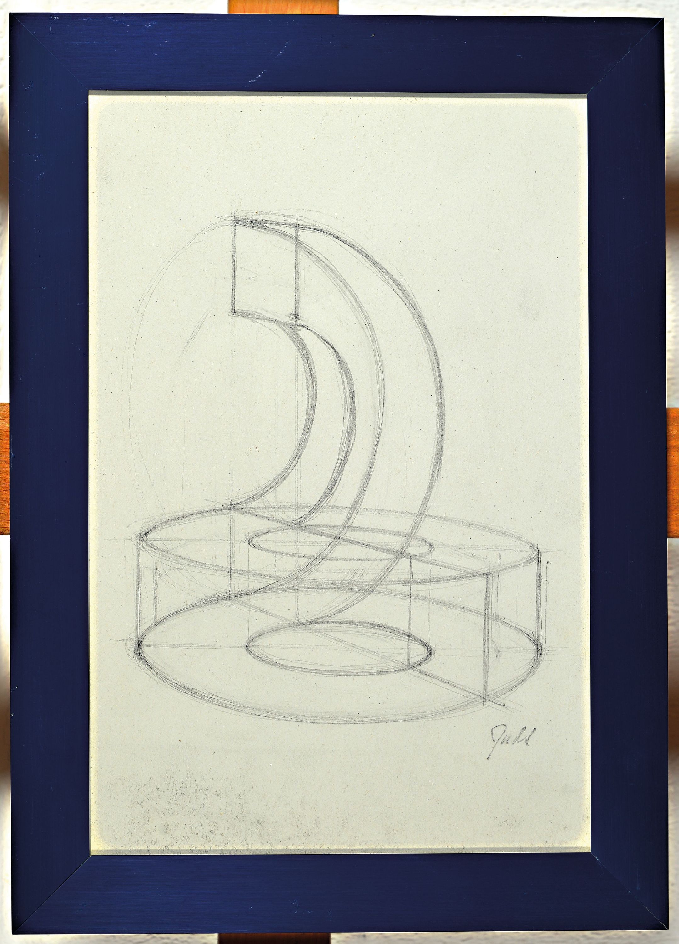 Detail k: Donald Judd, geb. 1928 Excelsior Spring, MO,Bleistiftzeichnung, konstruktives Modell aus zwei geometrischen Formen, recht unten signiert, unter Glas ...