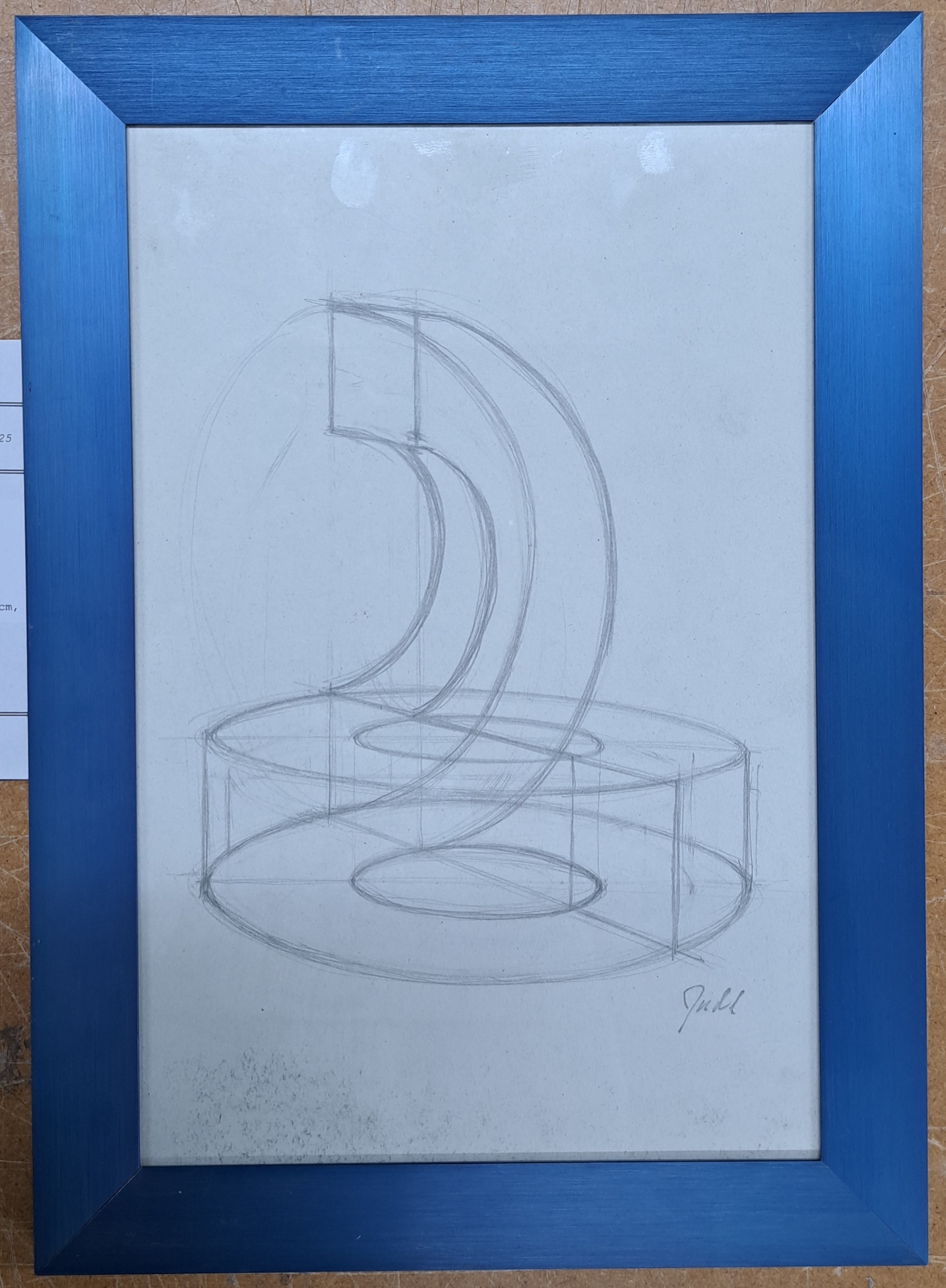 Detail l: Donald Judd, geb. 1928 Excelsior Spring, MO,Bleistiftzeichnung, konstruktives Modell aus zwei geometrischen Formen, recht unten signiert, unter Glas ...