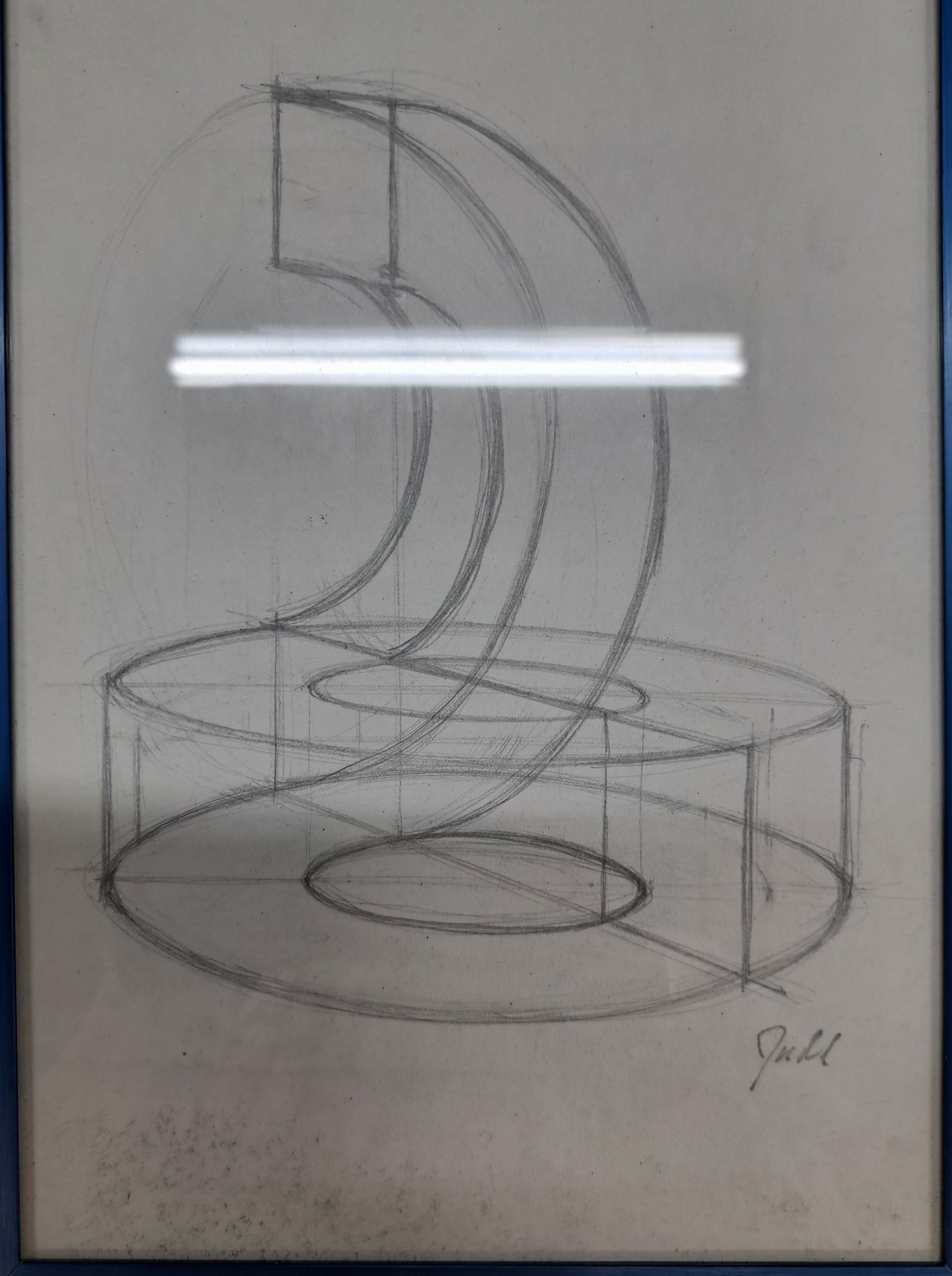 Detail m: Donald Judd, geb. 1928 Excelsior Spring, MO,Bleistiftzeichnung, konstruktives Modell aus zwei geometrischen Formen, recht unten signiert, unter Glas ...