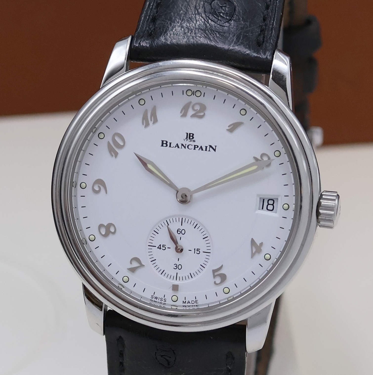 Detail a: BLANCPAIN Herrenarmbanduhr Serie Villeret, Automatik, Edelstahlgeh. inkl. orig. Lederband m. orig. Dornschl., Boden aufgedr., bomb. Saphirglas, ...