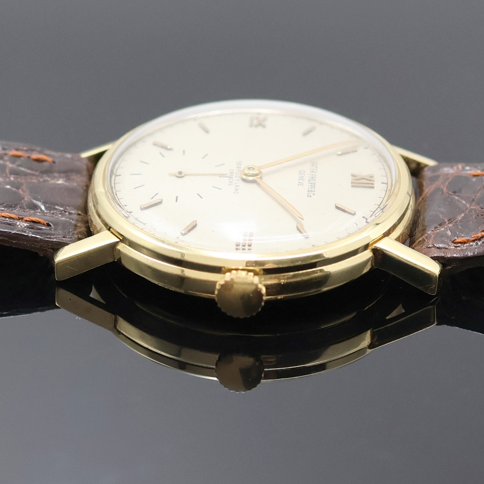 Detail b: PATEK PHILIPPE Serpico y Laino Armbanduhrwerk im neutralen GG 750/000 Gehäuse, Schweiz um 1950, Handaufzug, 3-tlg. Geh., Boden u. Glasrand aufgedr., ...