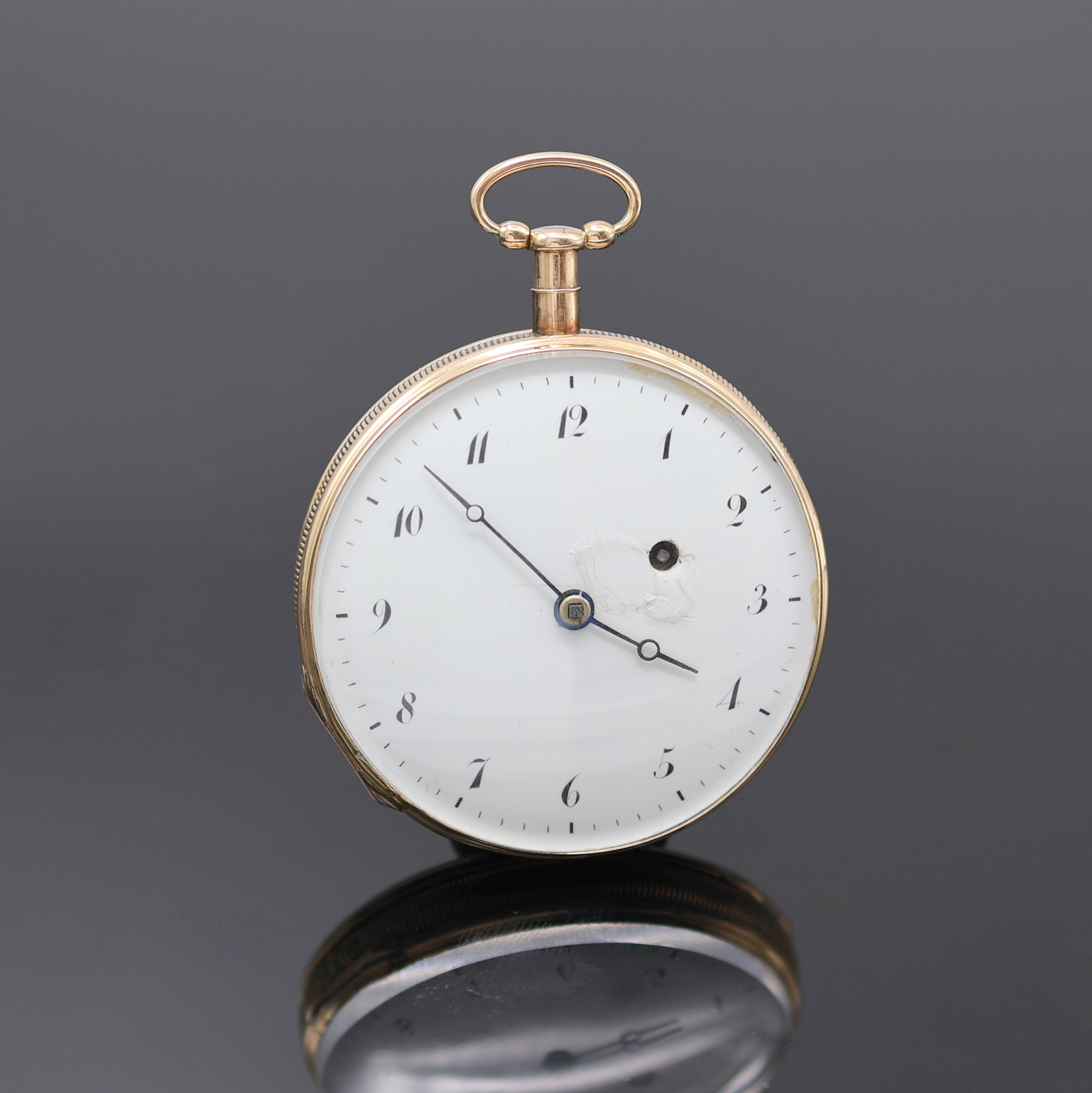 Spindeltaschenuhr mit 1/4 Stunden-Repetition in Rosegold 750/000, Schweiz um 1820, Schlüsselaufzug, glattes Geh. m. geripptem Rand dell., verg. ...