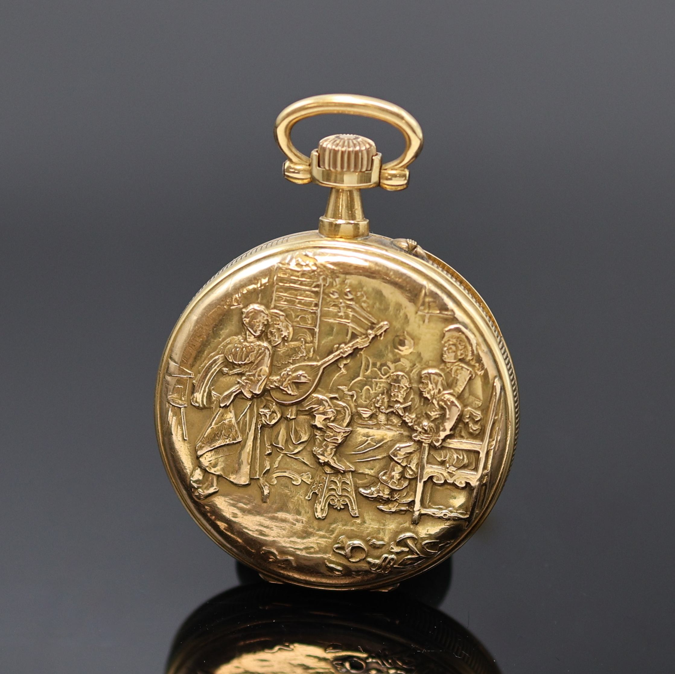 Detail a: LECOULTRE & CIE / FRESARD WATCH offene Herrentaschenuhr im Relief-Goldgehäuse in 750/000, Schweiz um 1920, 2-Deckel-Goldgeh. m. geripptem Rand, ...