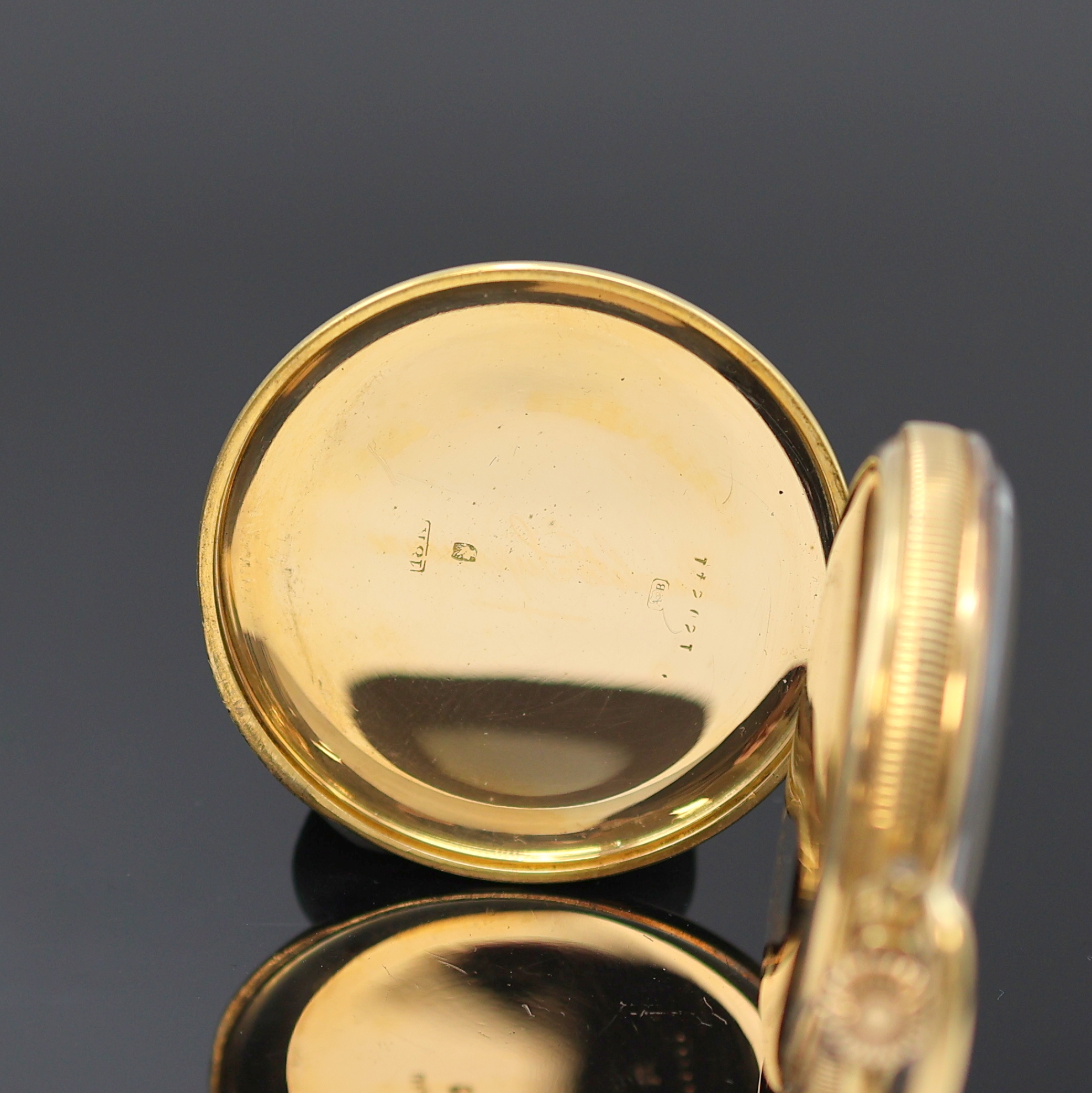 Detail b: LECOULTRE & CIE / FRESARD WATCH offene Herrentaschenuhr im Relief-Goldgehäuse in 750/000, Schweiz um 1920, 2-Deckel-Goldgeh. m. geripptem Rand, ...
