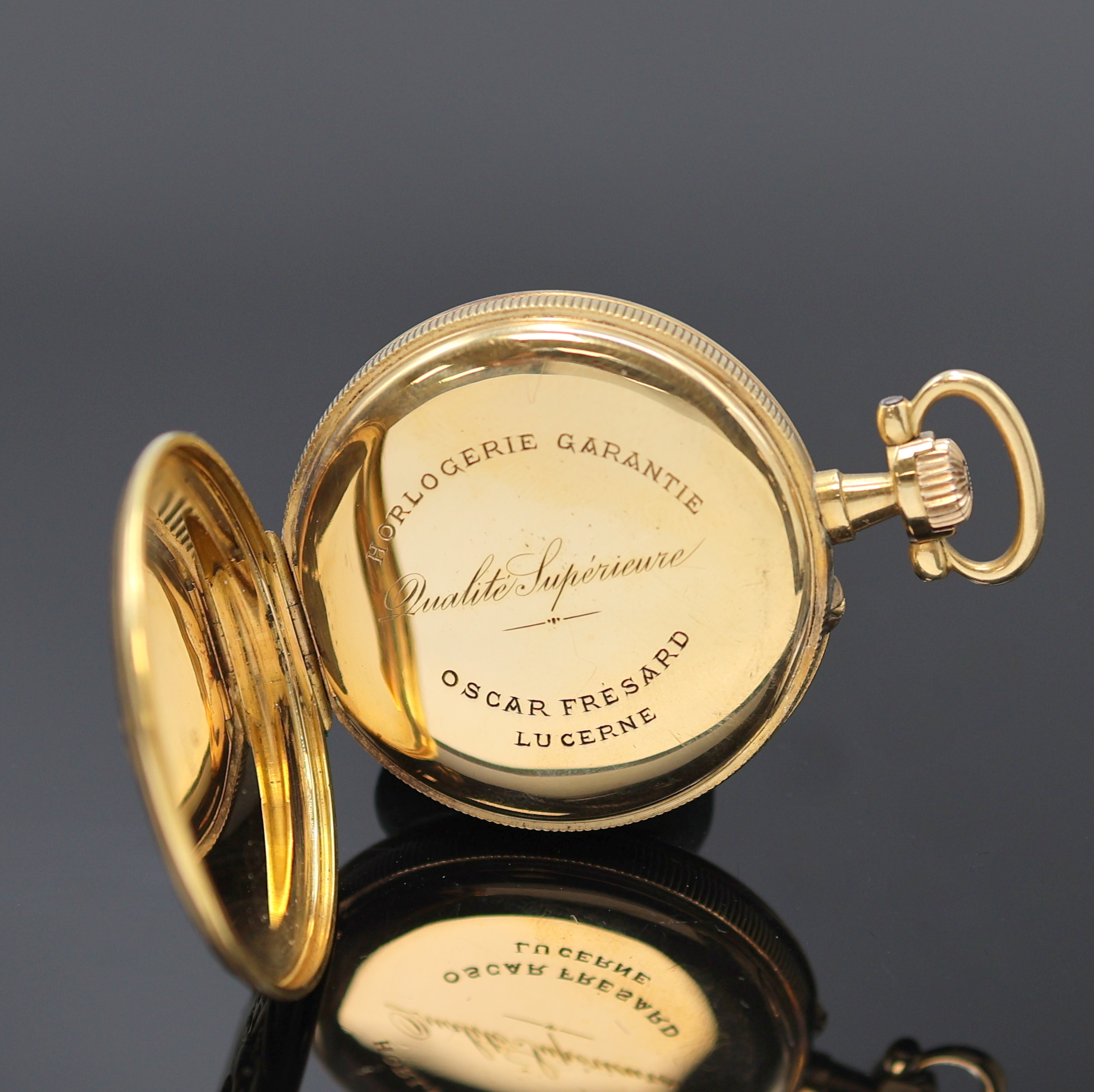 Detail c: LECOULTRE & CIE / FRESARD WATCH offene Herrentaschenuhr im Relief-Goldgehäuse in 750/000, Schweiz um 1920, 2-Deckel-Goldgeh. m. geripptem Rand, ...