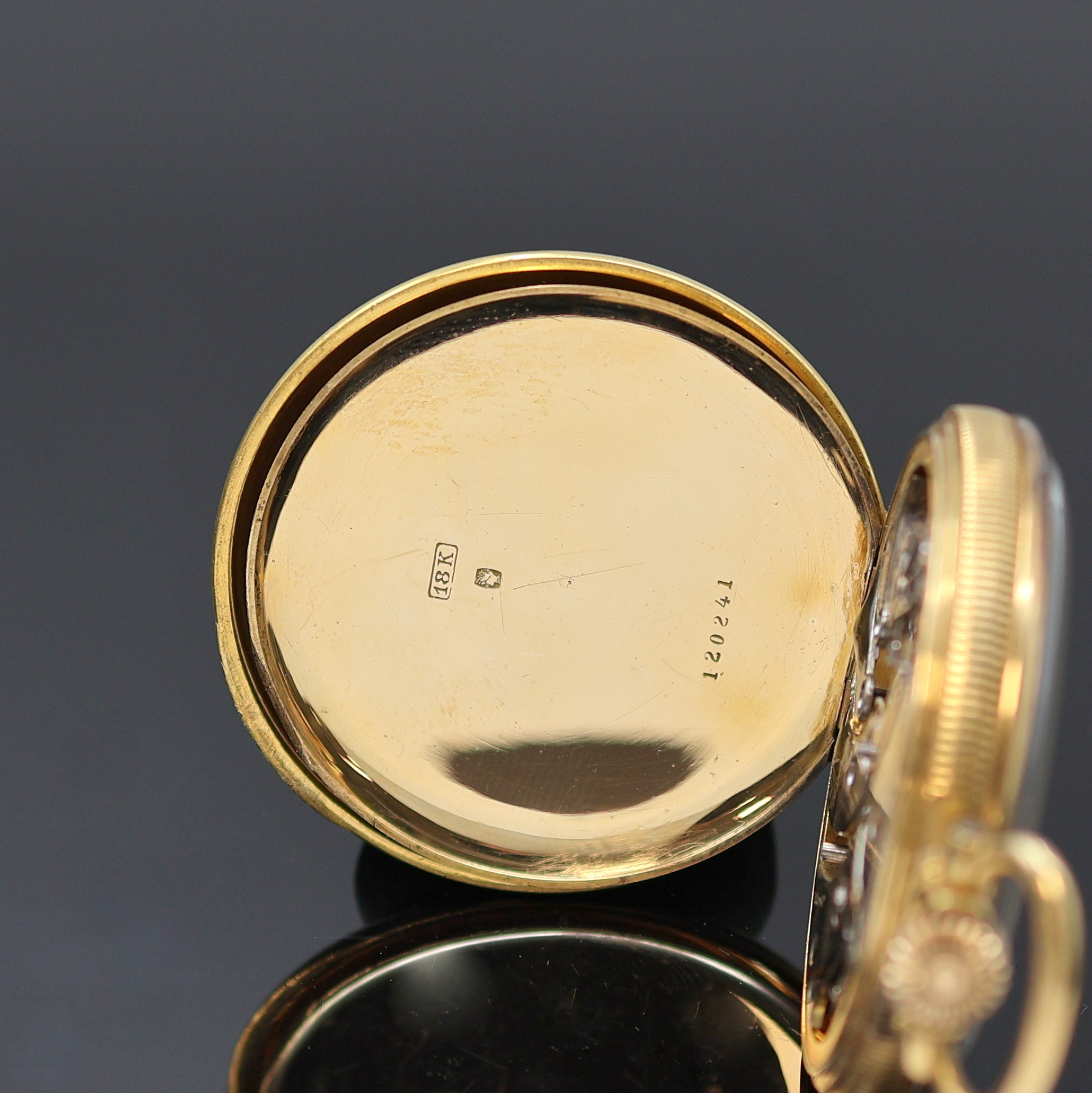 Detail d: LECOULTRE & CIE / FRESARD WATCH offene Herrentaschenuhr im Relief-Goldgehäuse in 750/000, Schweiz um 1920, 2-Deckel-Goldgeh. m. geripptem Rand, ...