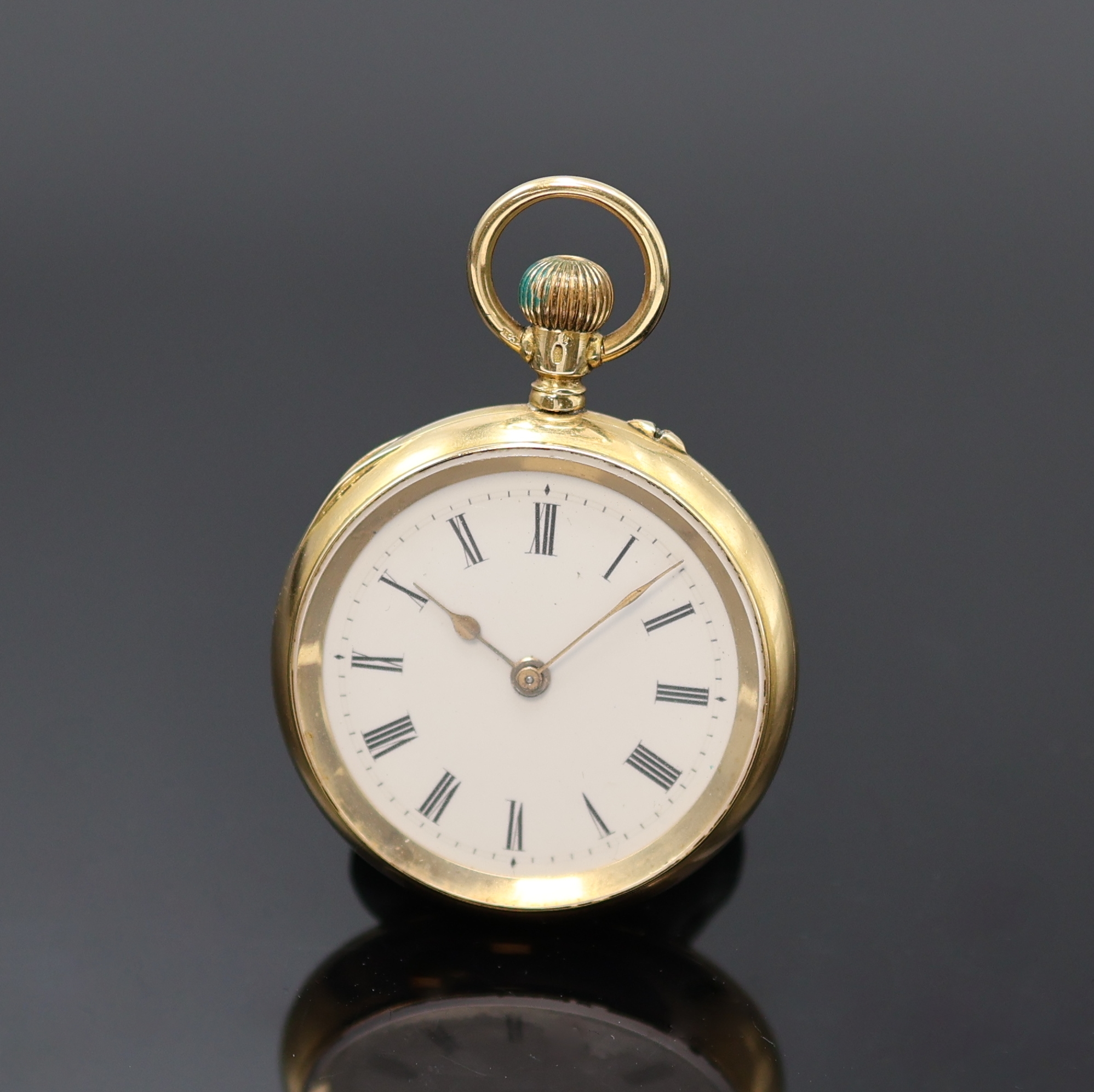 Wm MARSHALL & Co offene Damentaschenuhr in GG 750/000, Schweiz um 1890, glattes Geh., Goldcuvette sign., rücks. Monogramm-Grav., Emailzifferbl. m. ...