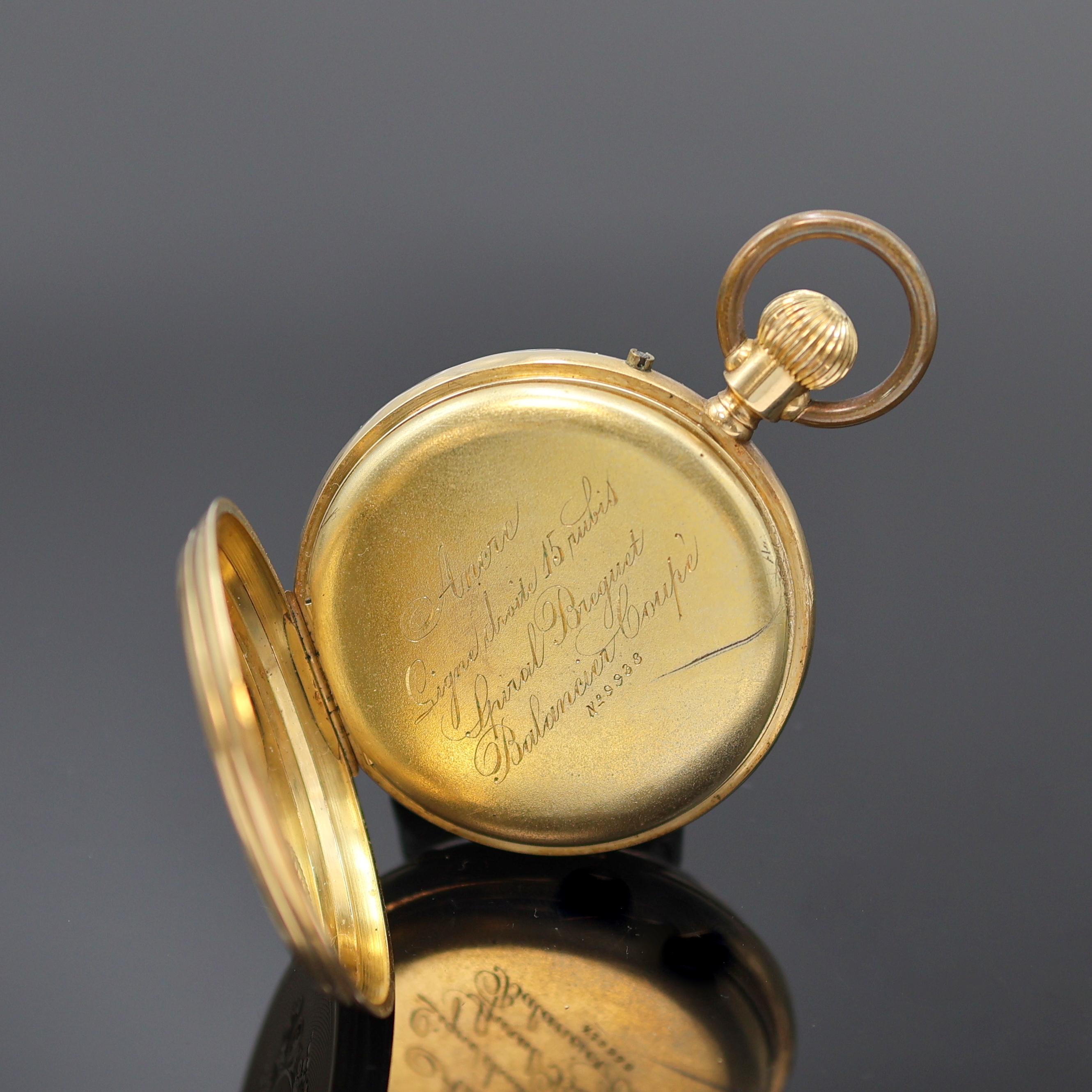 Detail c: Offene Herrentaschenuhr in GG 750/000, Schweiz um 1880, guill. Geh. dell., verg. Cuvette, Emailzifferbl. m. röm. Zahlen, kl. Sek. b. 6, gold. ...