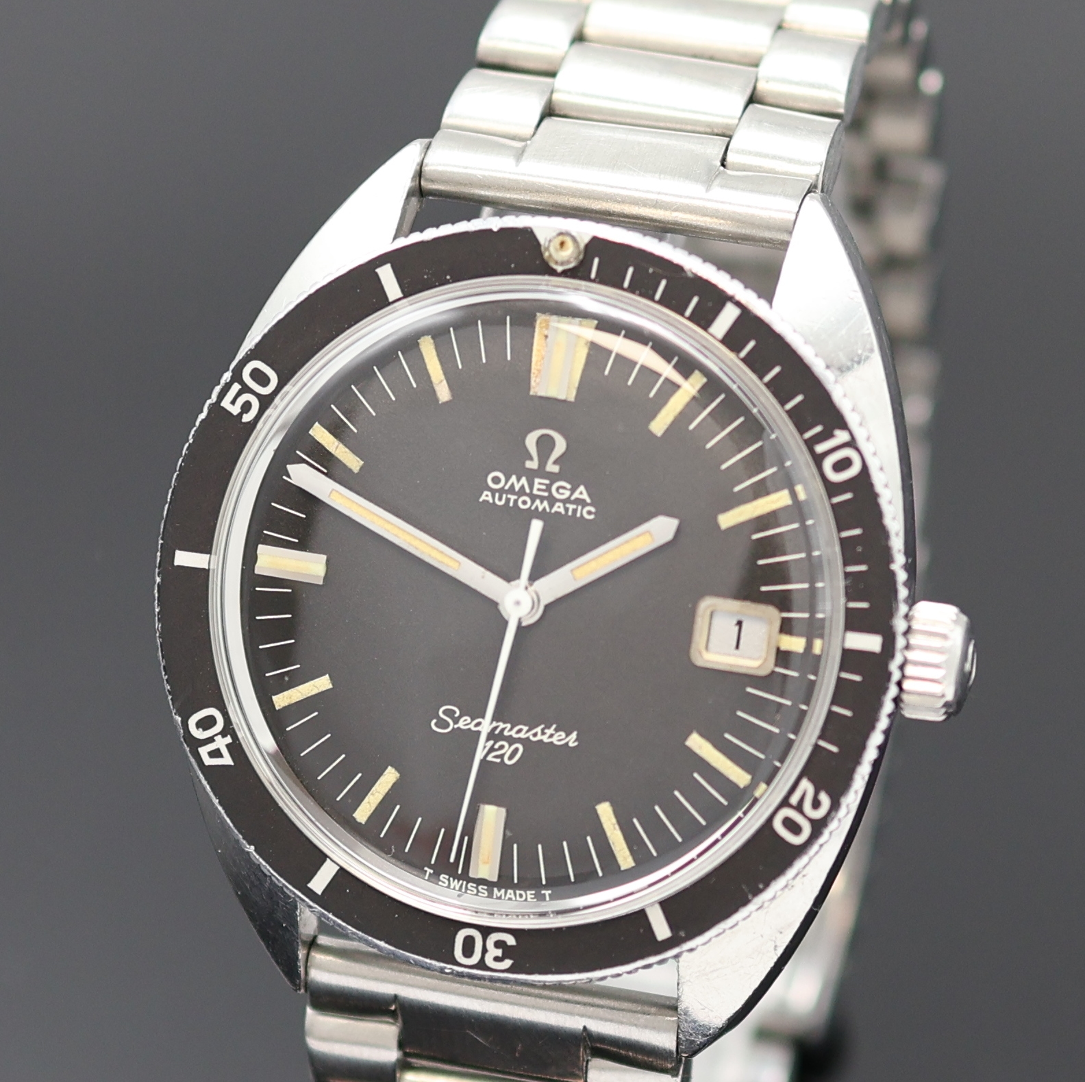 Detail a: OMEGA Seamaster 120 seltene Herrenarmbanduhr Referenz 166.027 in Stahl mit Stahlband, Schweiz um 1968, Automatik, verschr. Geh. m. schwarz. ...