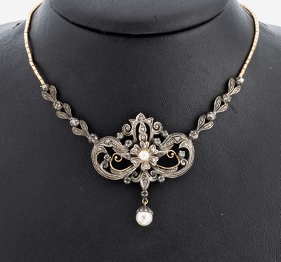 Image 26974804 - 18 kt Gold und Silber Diamant-Perl-Collier, GG 750/000 und Silber gepr., Mittelteil ...