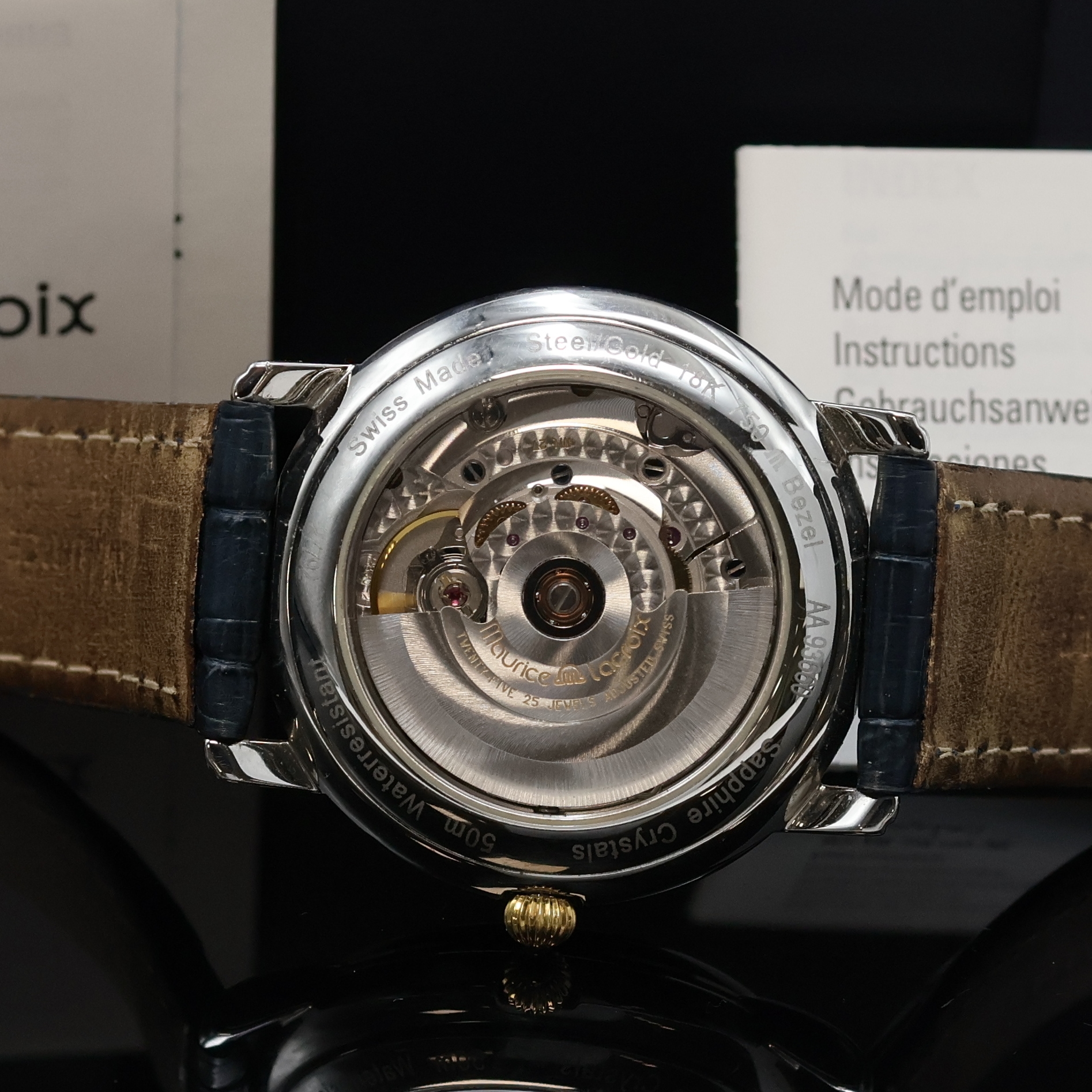Detail d: MAURICE LACROIX Masterpiece Herrenarmbanduhr Referenz 27292, Schweiz um 2000, Automatik, beids. vergl. Geh. in Edelstahl/Gold kombiniert, Boden und ...