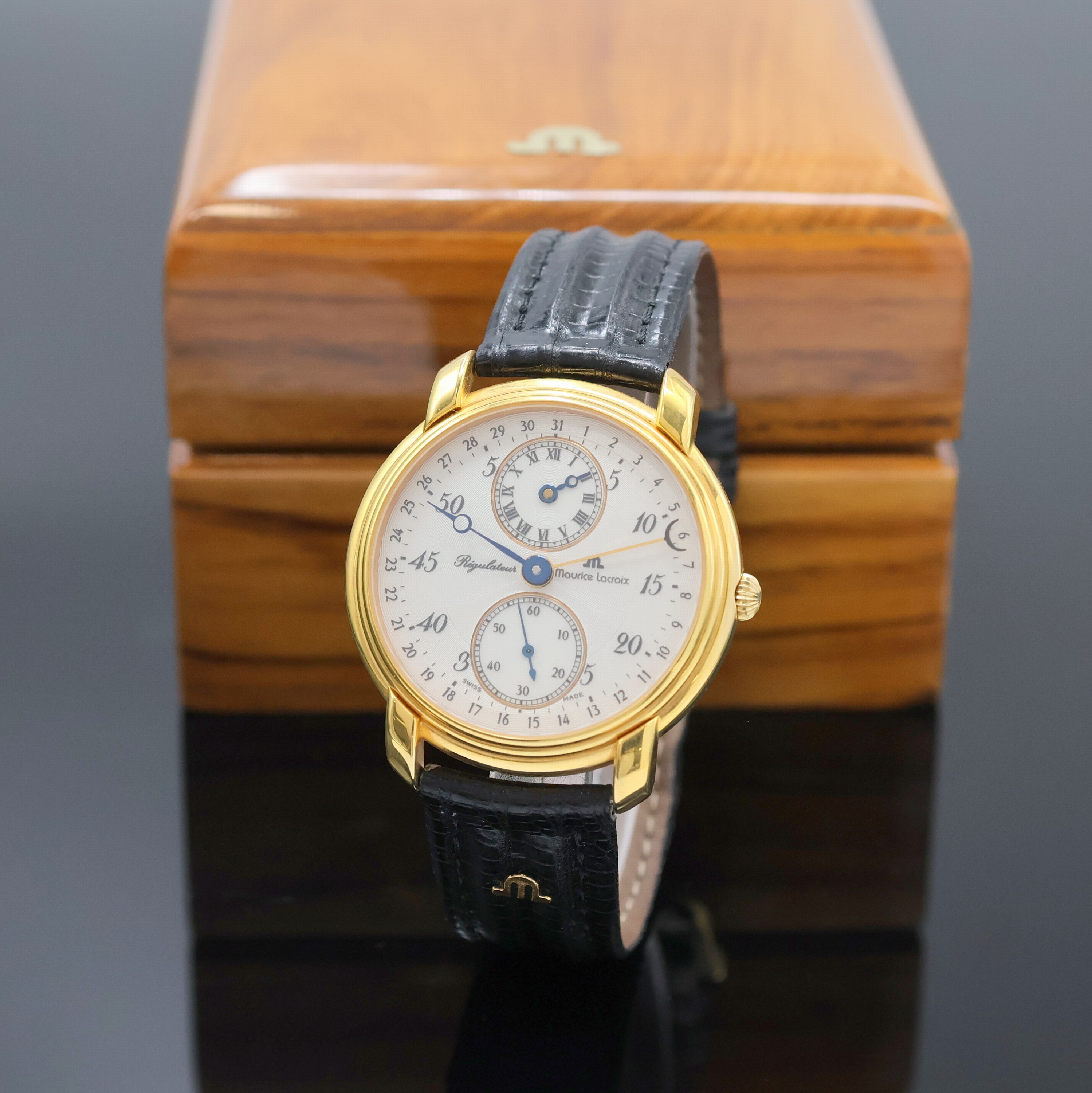 MAURICE LACROIX auf 999 Stück limitierte Herrenarmbanduhr Regulateur Referenz 53401, Handaufzug, Schweiz um 1993, verg. Metallgeh., beids. vergl., ...