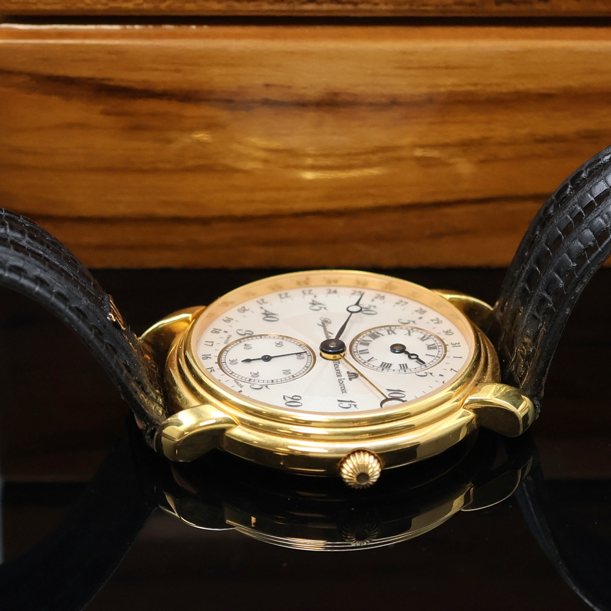 Detail b: MAURICE LACROIX auf 999 Stück limitierte Herrenarmbanduhr Regulateur Referenz 53401, Handaufzug, Schweiz um 1993, verg. Metallgeh., beids. vergl., ...