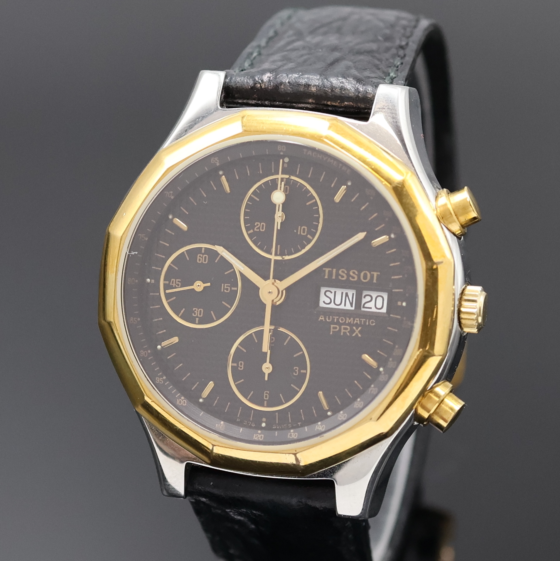 Detail a: TISSOT PRX Armbandchronograph Referenz P376, Schweiz um 1990, Automatik, Stahlgeh. m. verg. 12-eckiger Lünette, Boden verschr., schwarz. ...
