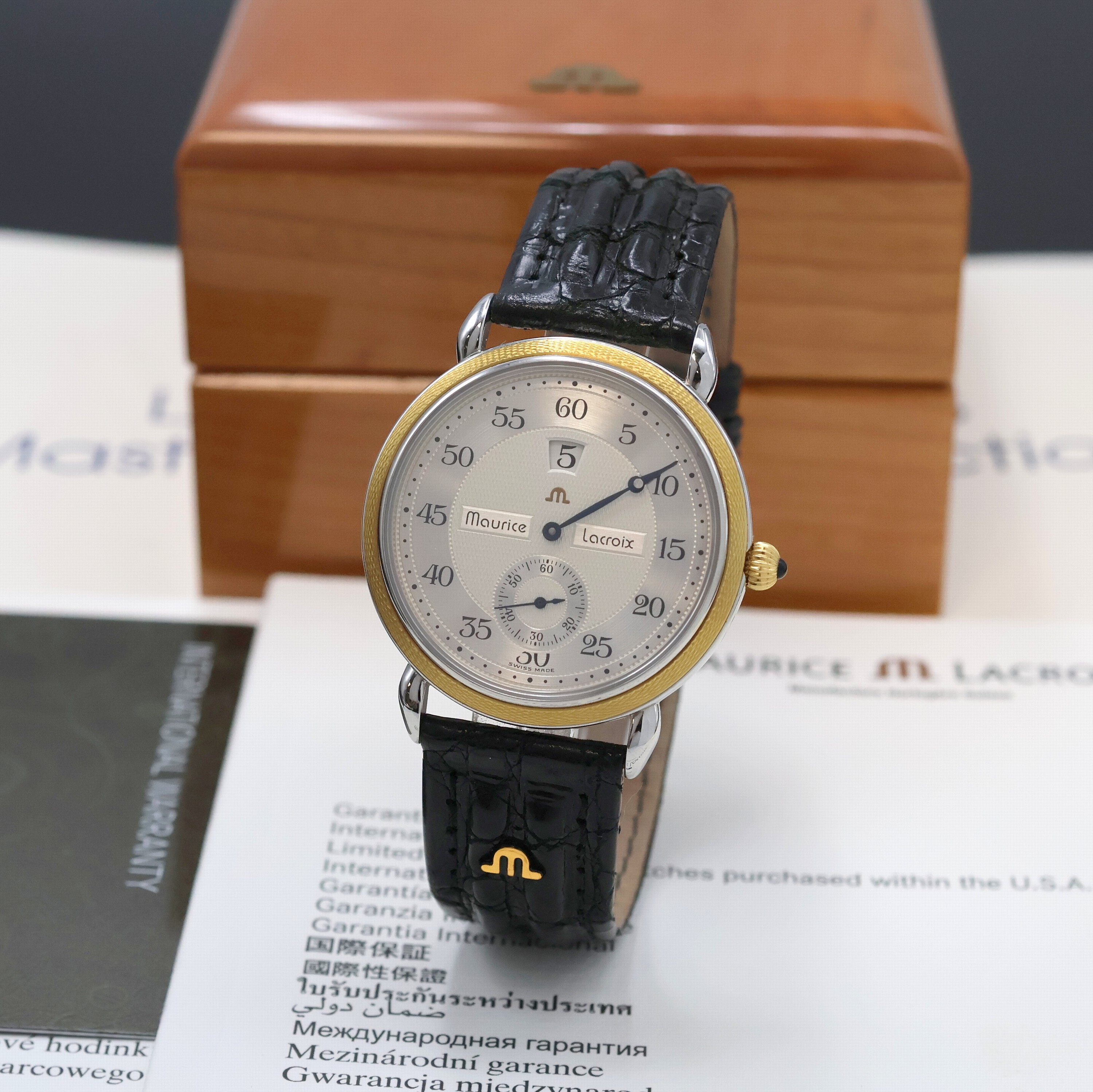 MAURICE LACROIX Masterpiece Heure Sautante Herrenarmbanduhr Referenz 28505, Schweiz um 2000, Handaufzug, beids. vergl. Edelstahlgeh., guill. ...