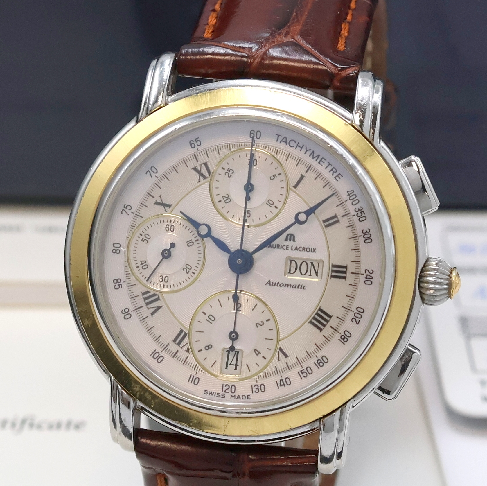 Detail a: MAURICE LACROIX Automatikchronograph Croneo Referenz MP6318, Edelstahlgeh., Lünette in GG 750/000, beids. vergl., Boden 6-fach verschr., orig. ...