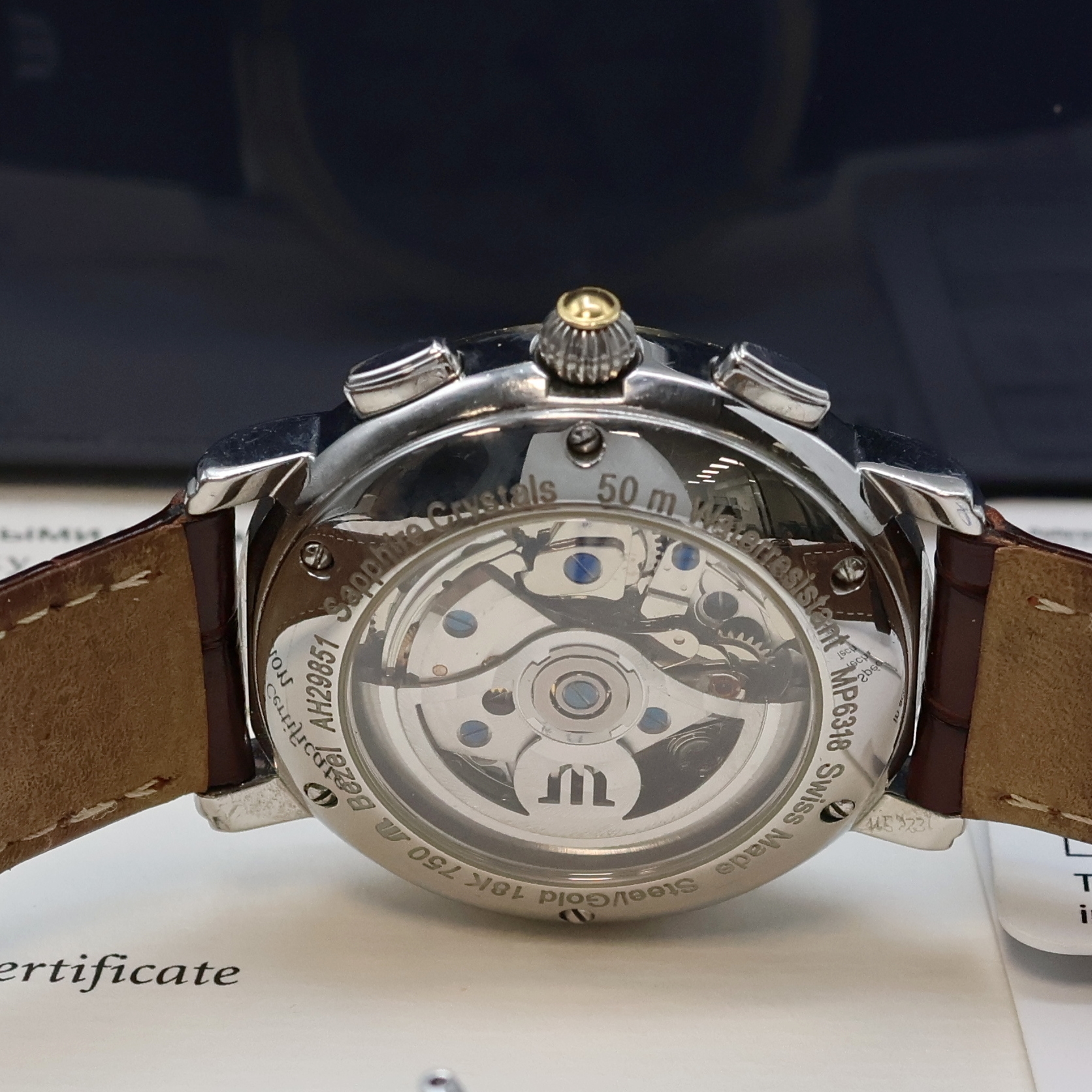 Detail d: MAURICE LACROIX Automatikchronograph Croneo Referenz MP6318, Edelstahlgeh., Lünette in GG 750/000, beids. vergl., Boden 6-fach verschr., orig. ...