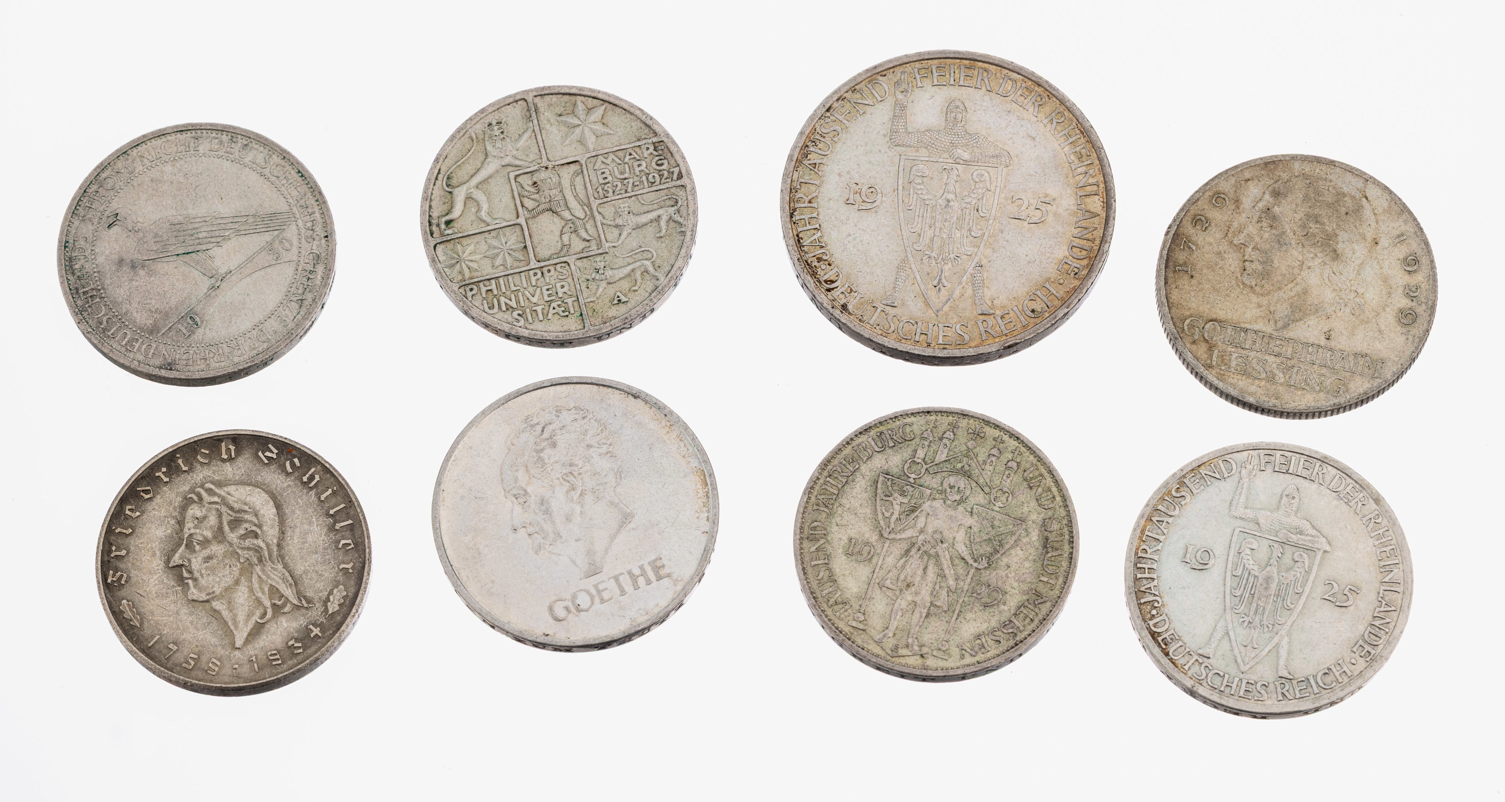 Image 26975048 - Konvolut 8 Silbermünzen, Deutsches Reich, 6x 3 Mark: 1 x 1925 Jahrtausendfeier der ...