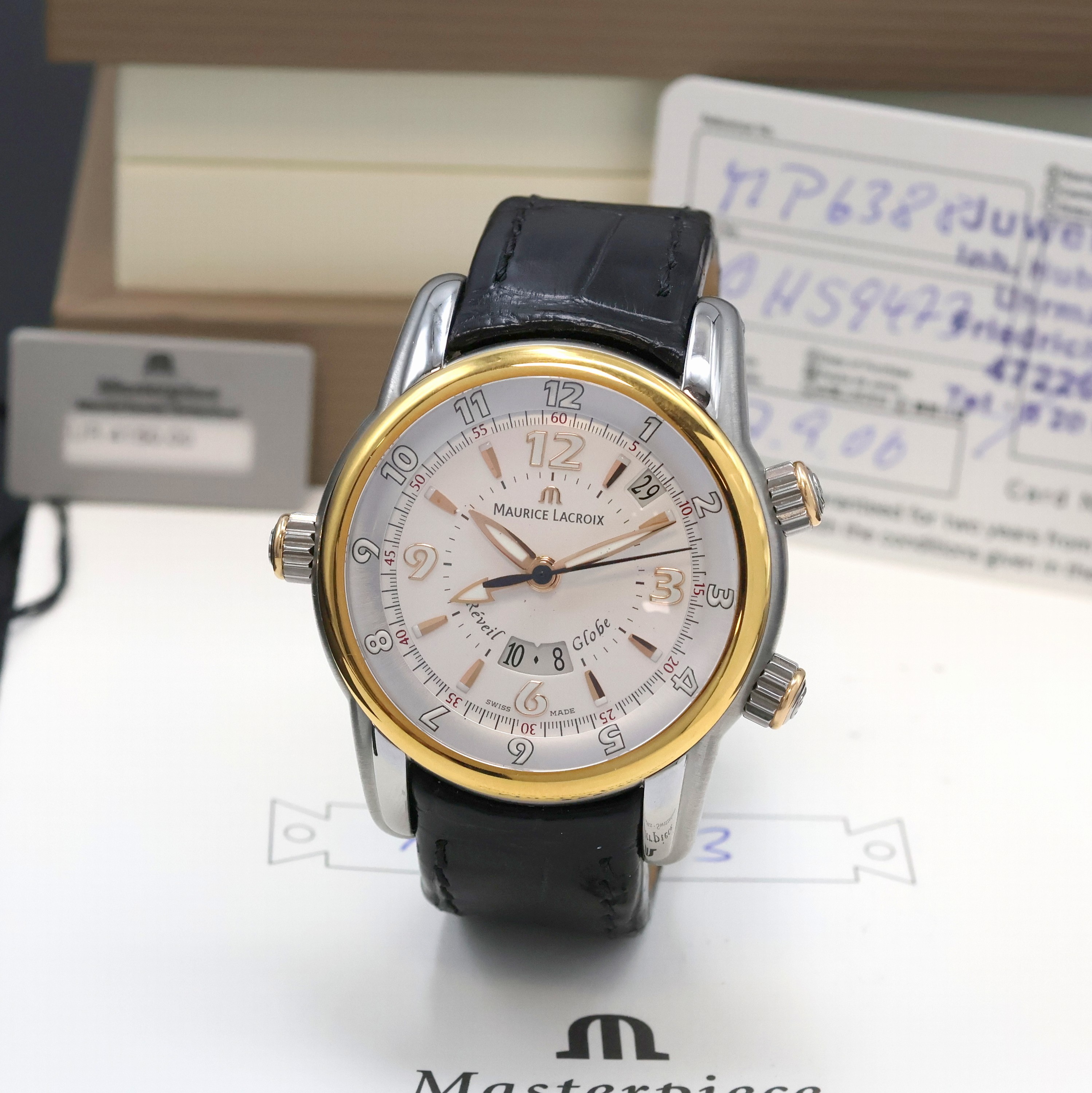 MAURICE LACROIX Armbandwecker aus der Masterpiece Serie Modell Reveil Globe Referenz MP6388, Automatik, beids. vergl. Edelstahlgeh. inkl. orig. ...