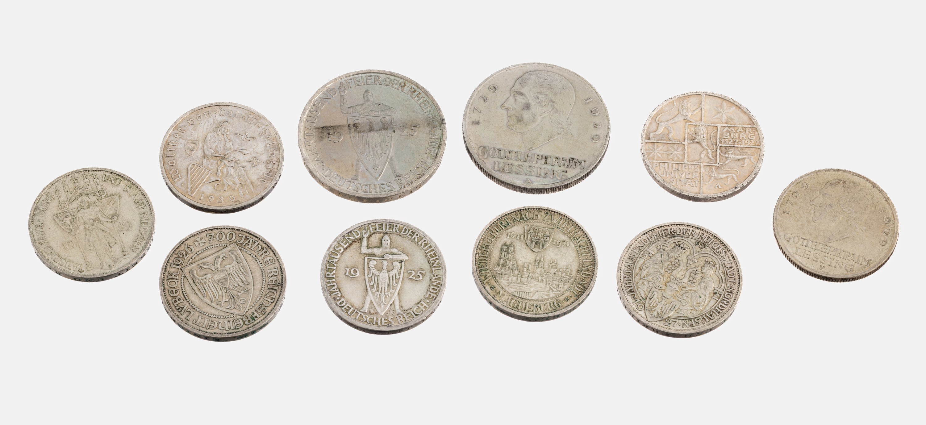 Konvolut 10 Silbermünzen, Deutsches Reich, 8 x 3 Mark: 1 x 1925, Jahrtausendfeier der Rheinlande, 1 x 1926 Lübeck, 1 x 1927 Jahrtausendfeier der ...