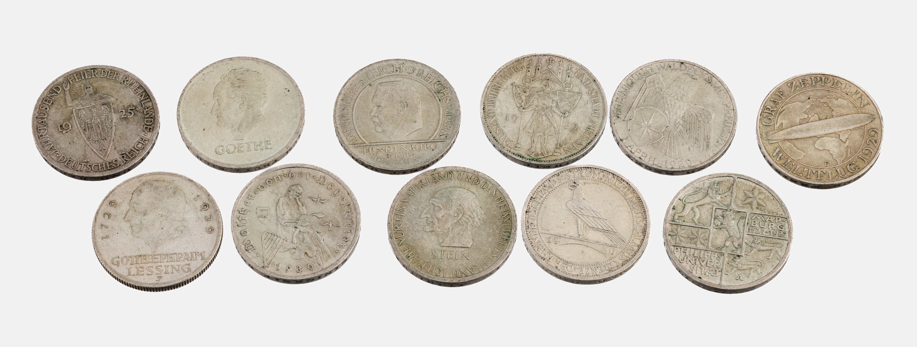 Konvolut 11 Silbermünzen, Deutsches Reich, 3 Mark: 1 x 1925 Jahrtausendfeier der Rheinlande, 1 x 1927 Philipps Universität Magdeburg, 1 x 1929 ...