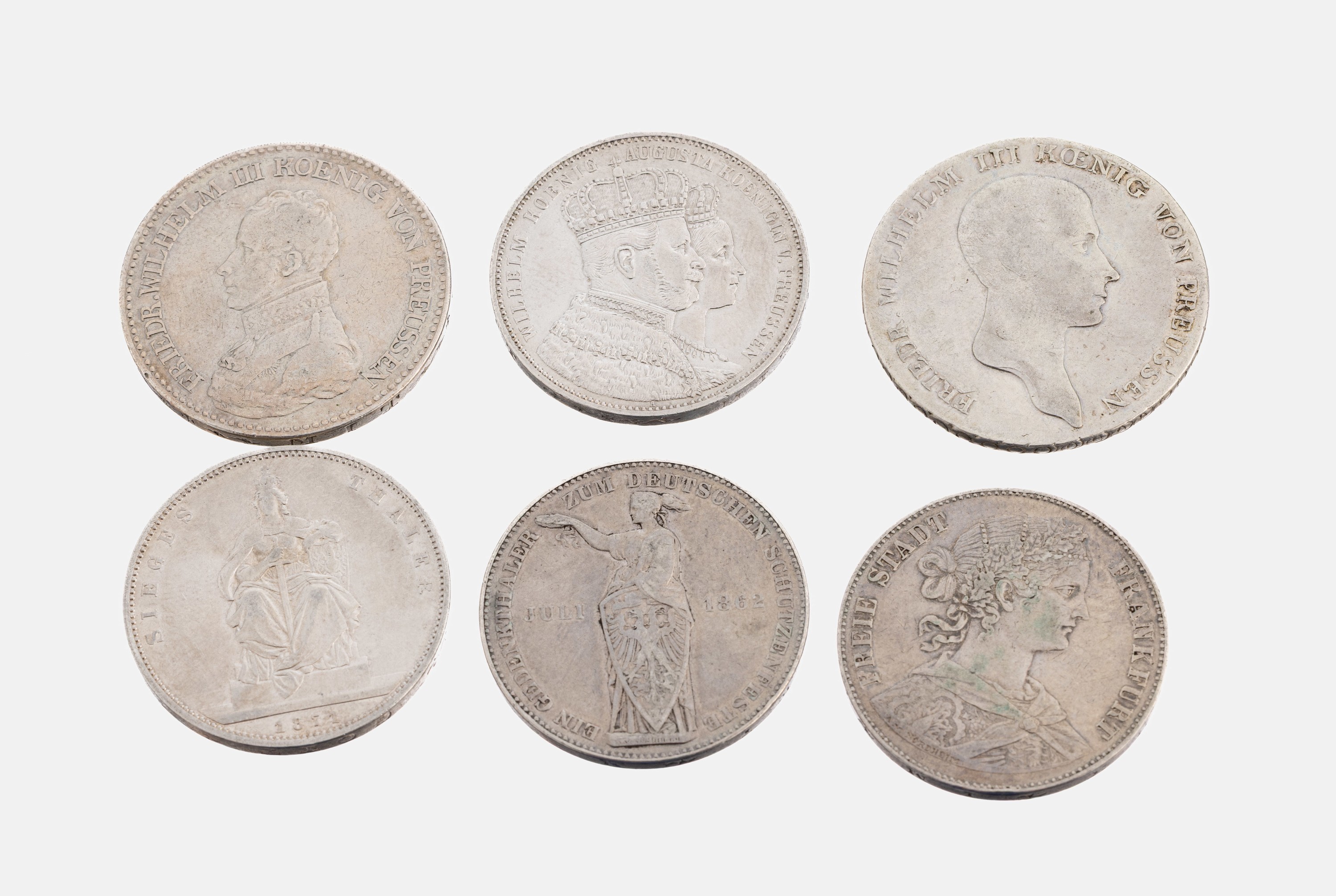 Konvolut 6 Silbermünzen, Deutsches Reich, 1x Reichsthaler 1814 Friedrich Wilhelm III., 1 x 1 Thaler 1818 Friedrich Wilhelm III., 1 x Freie Stadt ...