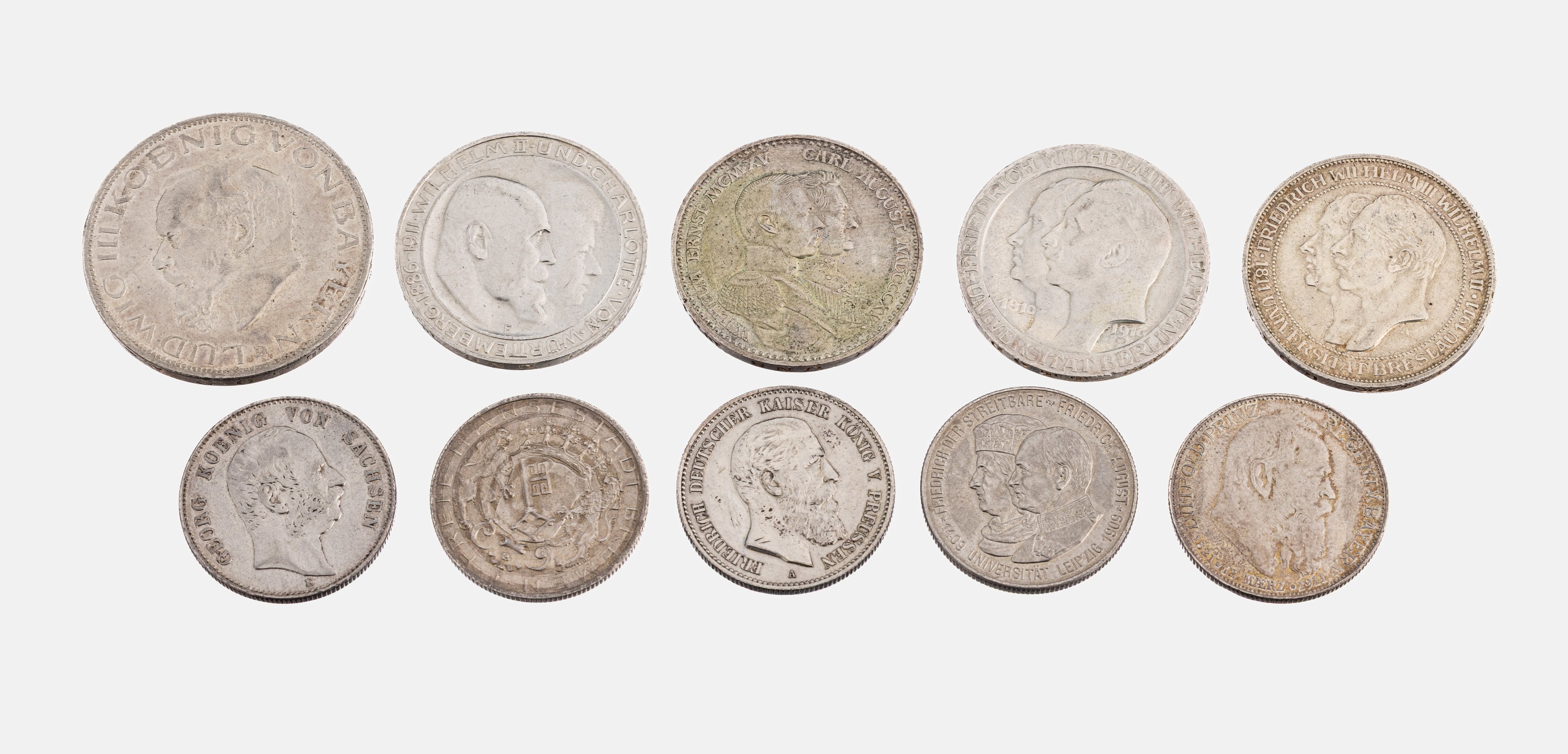 Konvolut 10 Silbermünzen, Deutsches Reich, 5 x 2 Mark: 1 x Friedrich Deutscher Kaiser 1888, 1 x Georg von Sachsen 1904, 1 x Freie Hansestadt Bremen ...