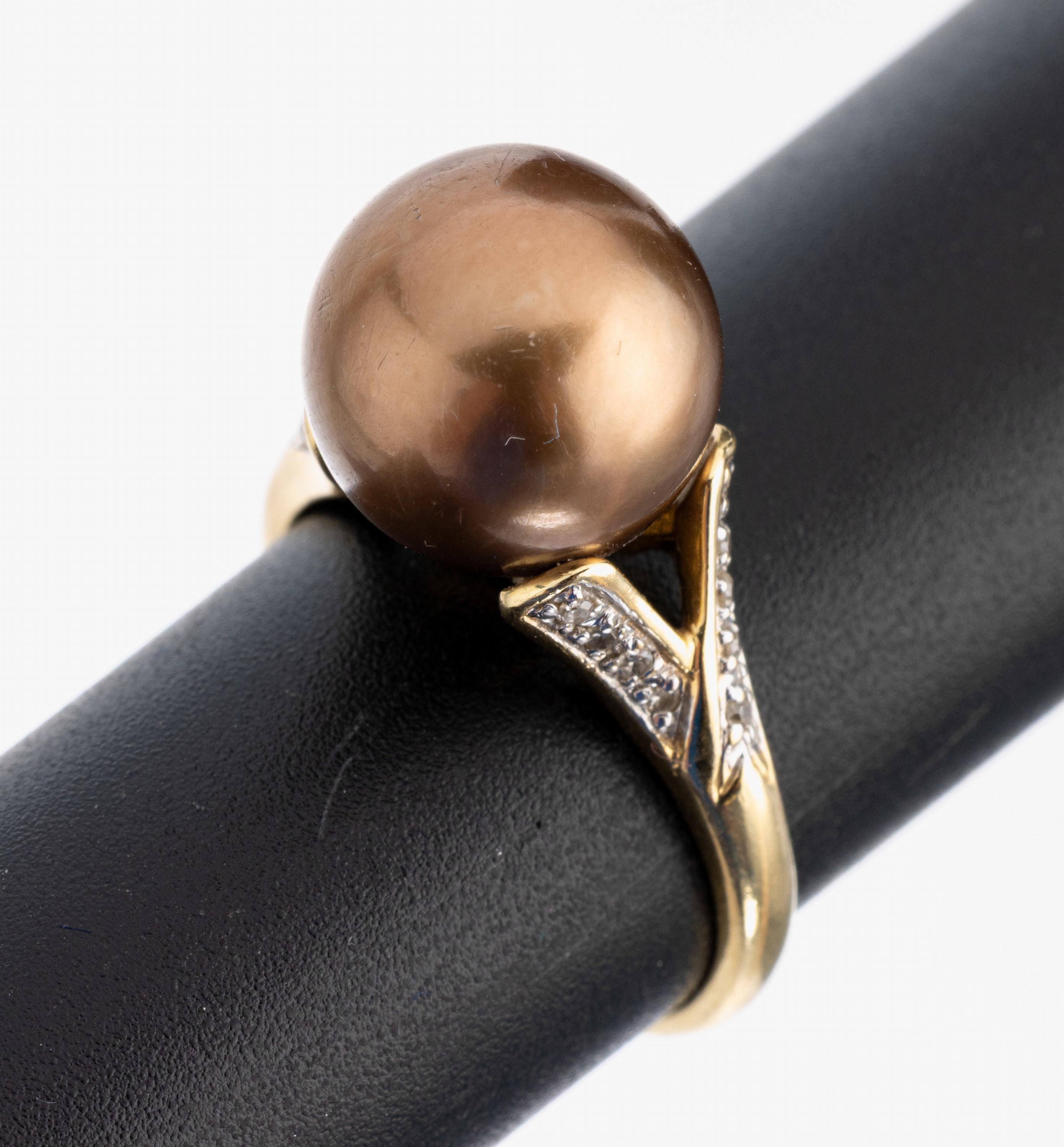 Image 26975200 - 14 kt Gold Perl-Diamant-Ring, GG 585/000, mittig gr. braune Tahitizuchtperle, D. ca. ...