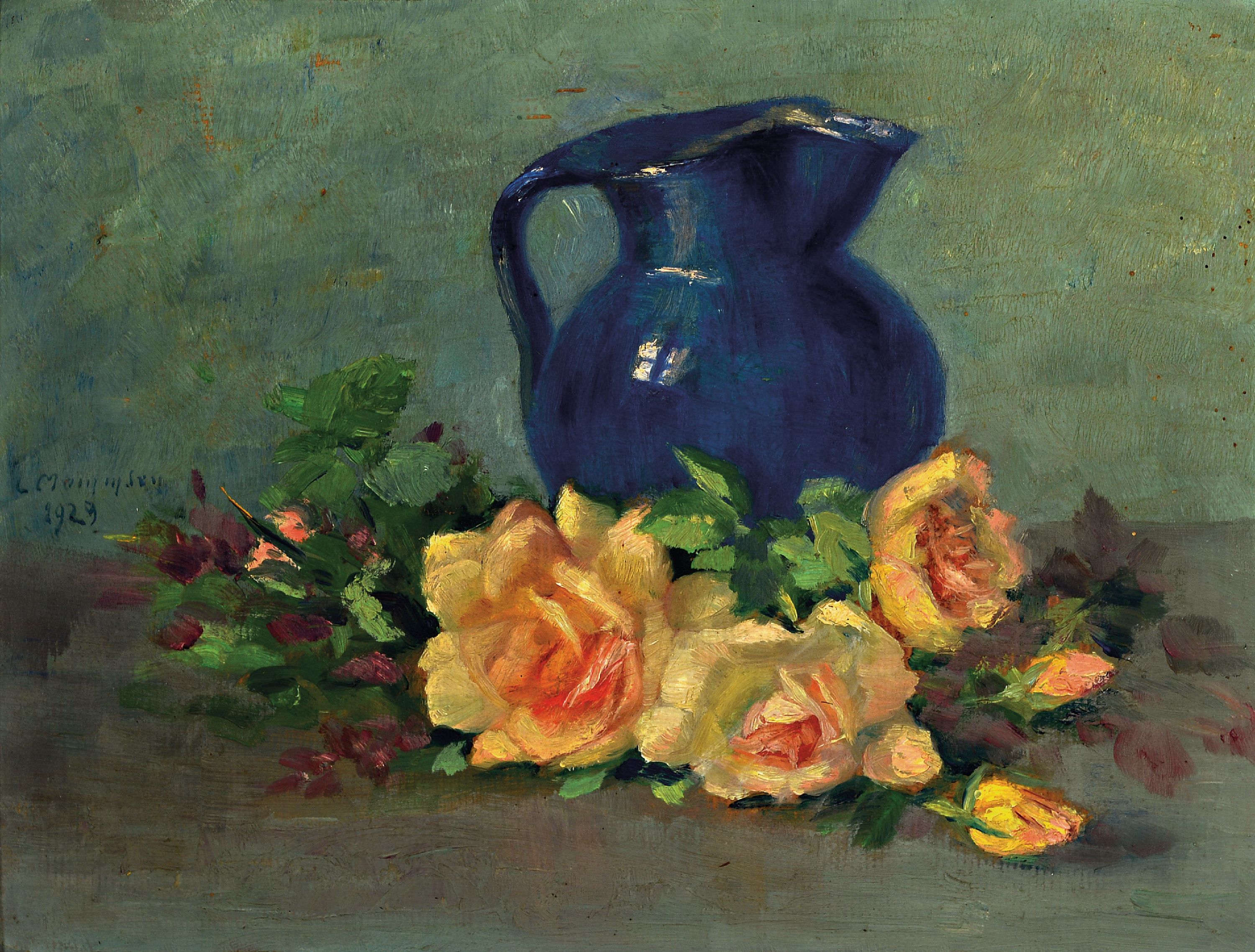 Luise Amalie Johanna Mommsen, geb. 1859 Oldenburg, Stillleben mit Rosen und Krug, Öl/Malkarton, li. signiert und dat. 1929, ca. 30 x 40 cm