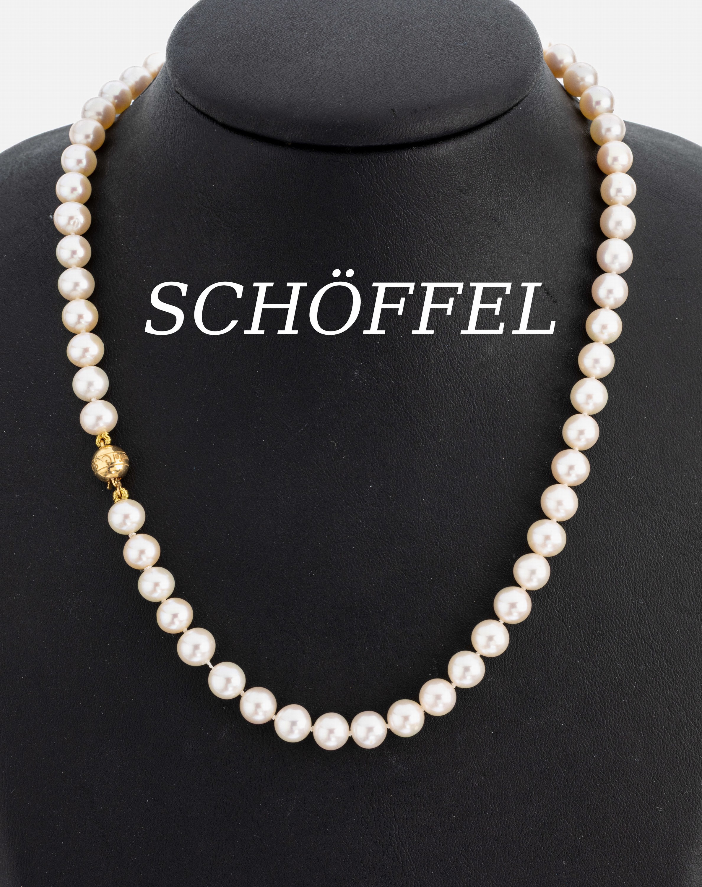 SCHÖFFEL Zuchtperl-Collier mit 18 kt Gold Schließe, GG 750/000, Akoyazuchtperlen, D. ca. 6.8 mm, L. ca. 43 cm, Kugelschließe