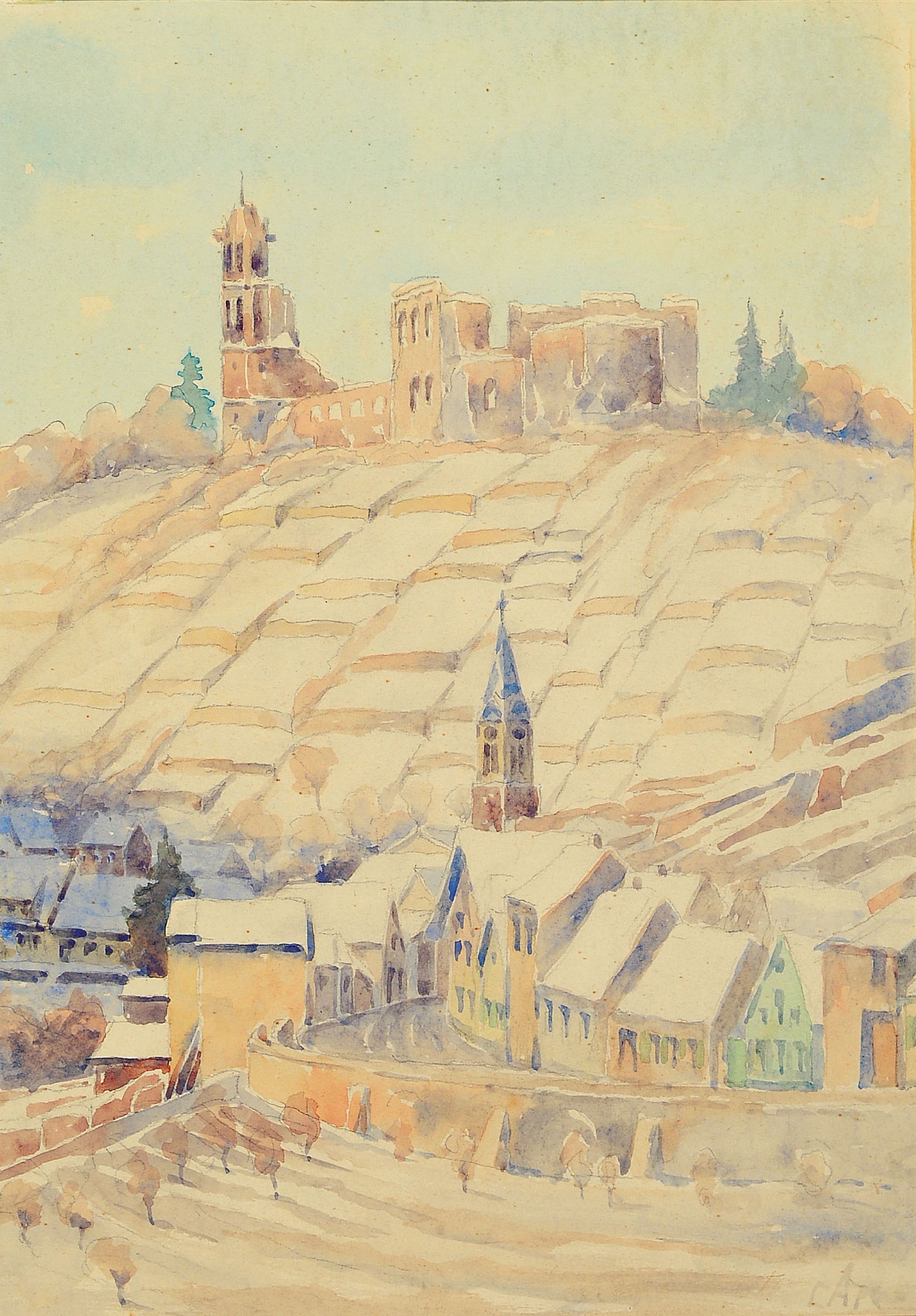Detail a: Carl Korbmann, 1894-1958 Bad Dürkheim, 2 Aquarelle, Ansicht der Limburg im Sommer und im Winter, signiert und einem datiert 1953, unter Glas gerahmt ...