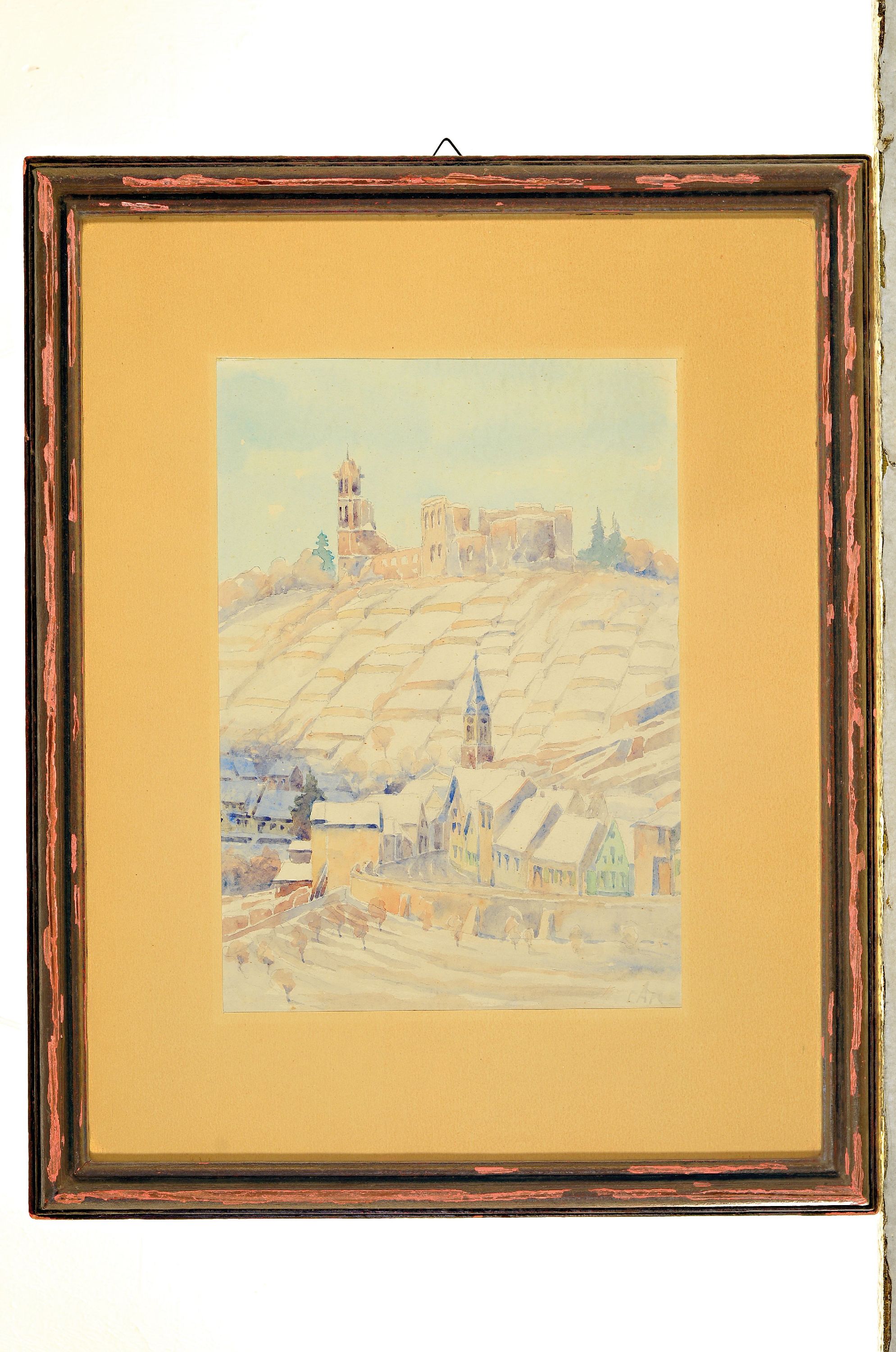 Detail l: Carl Korbmann, 1894-1958 Bad Dürkheim, 2 Aquarelle, Ansicht der Limburg im Sommer und im Winter, signiert und einem datiert 1953, unter Glas gerahmt ...