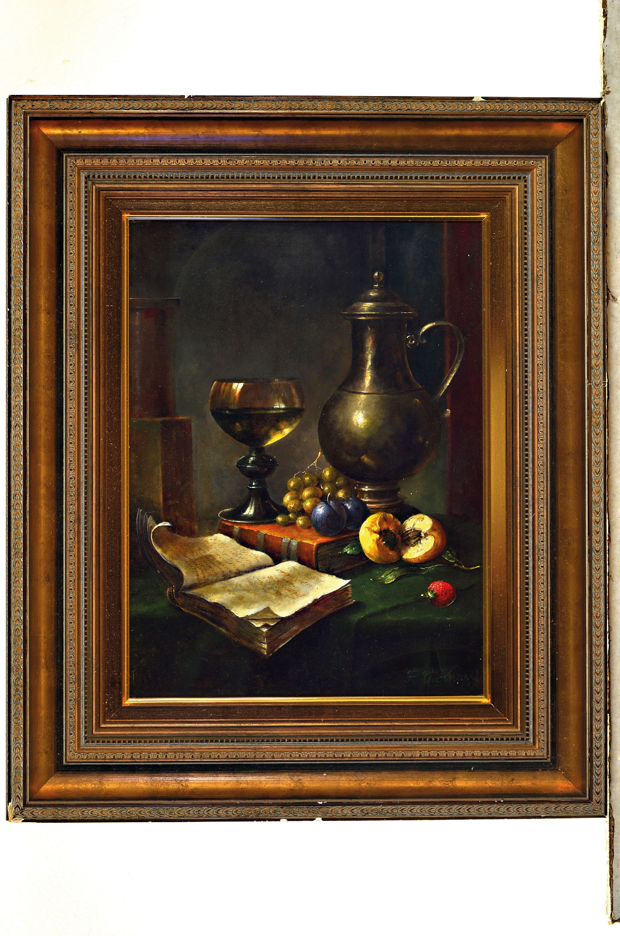 Detail k: F.V. Knapp, 2. Hälfte 20. Jh., Stillleben m. Weinkanne, Buch und, Früchten, Öl/Holzplatte, signiert, ca. 30 x 40cm ungarischer Ausfuhrstempel auf ...