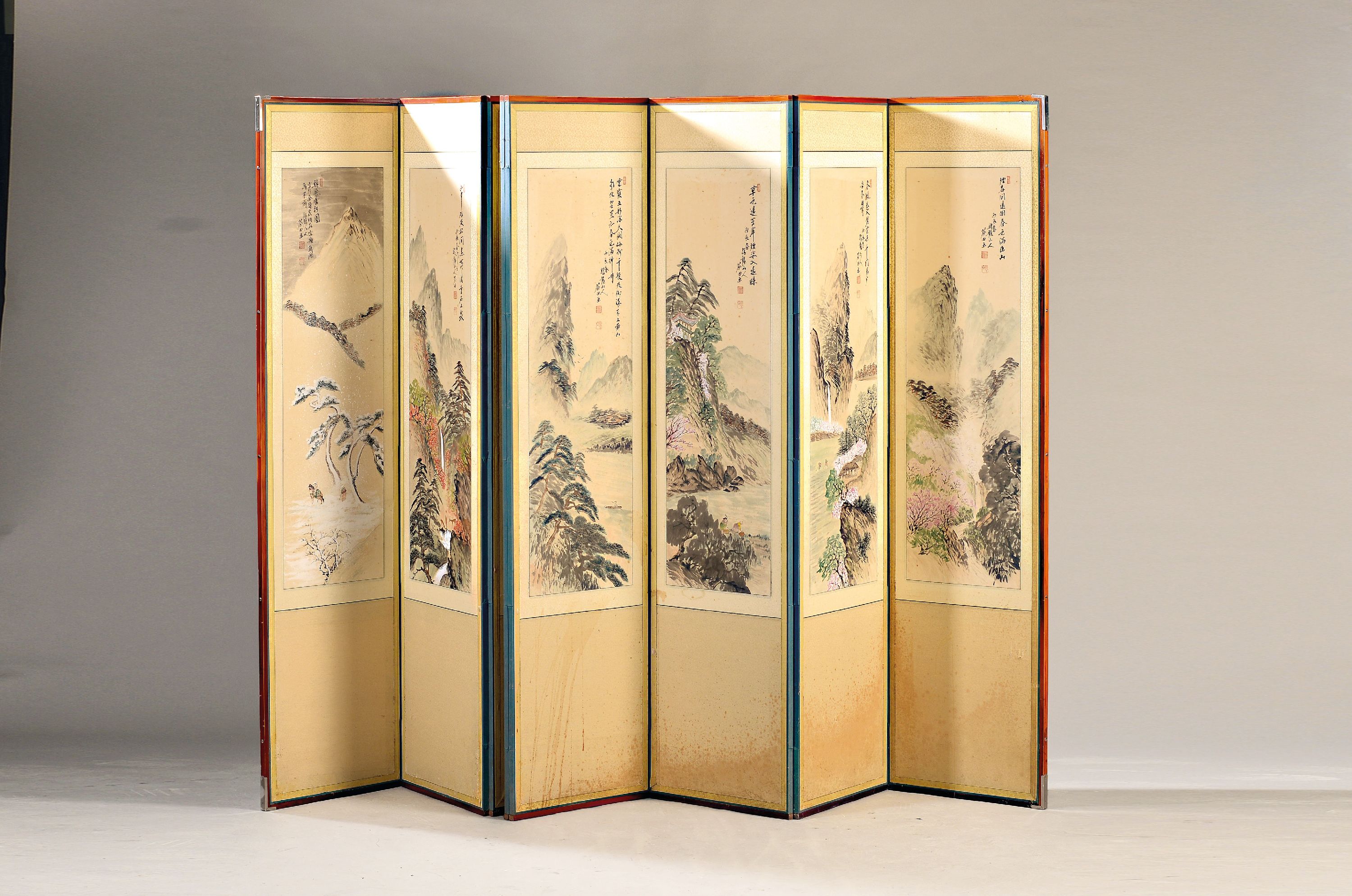 Image 26975367 - Paravent, China, 60er Jahre, Aquarell- Darstellungen in verschiedenen Jahreszeiten, ca. ...