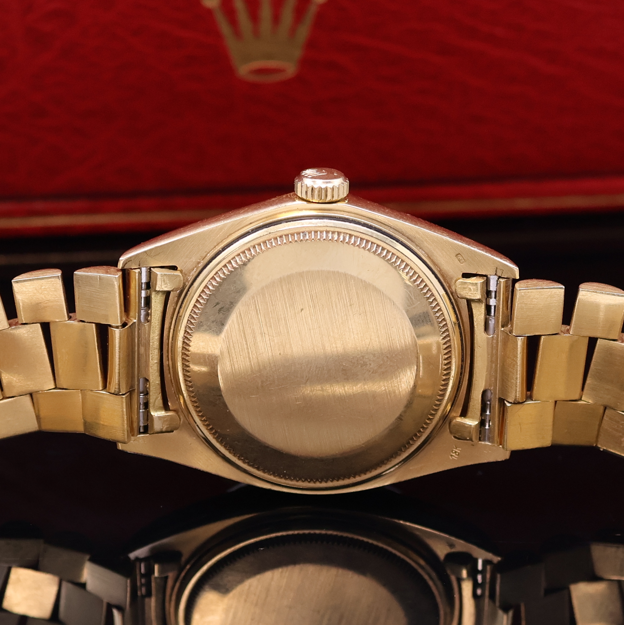 Detail e: ROLEX Day-Date Referenz 1803 Herrenarmbanduhr in GG 750/000, Schweiz um 1967, Automatik, verschr. Oystergeh. m. Riffel-Lünette, orig. Präsidentband ...