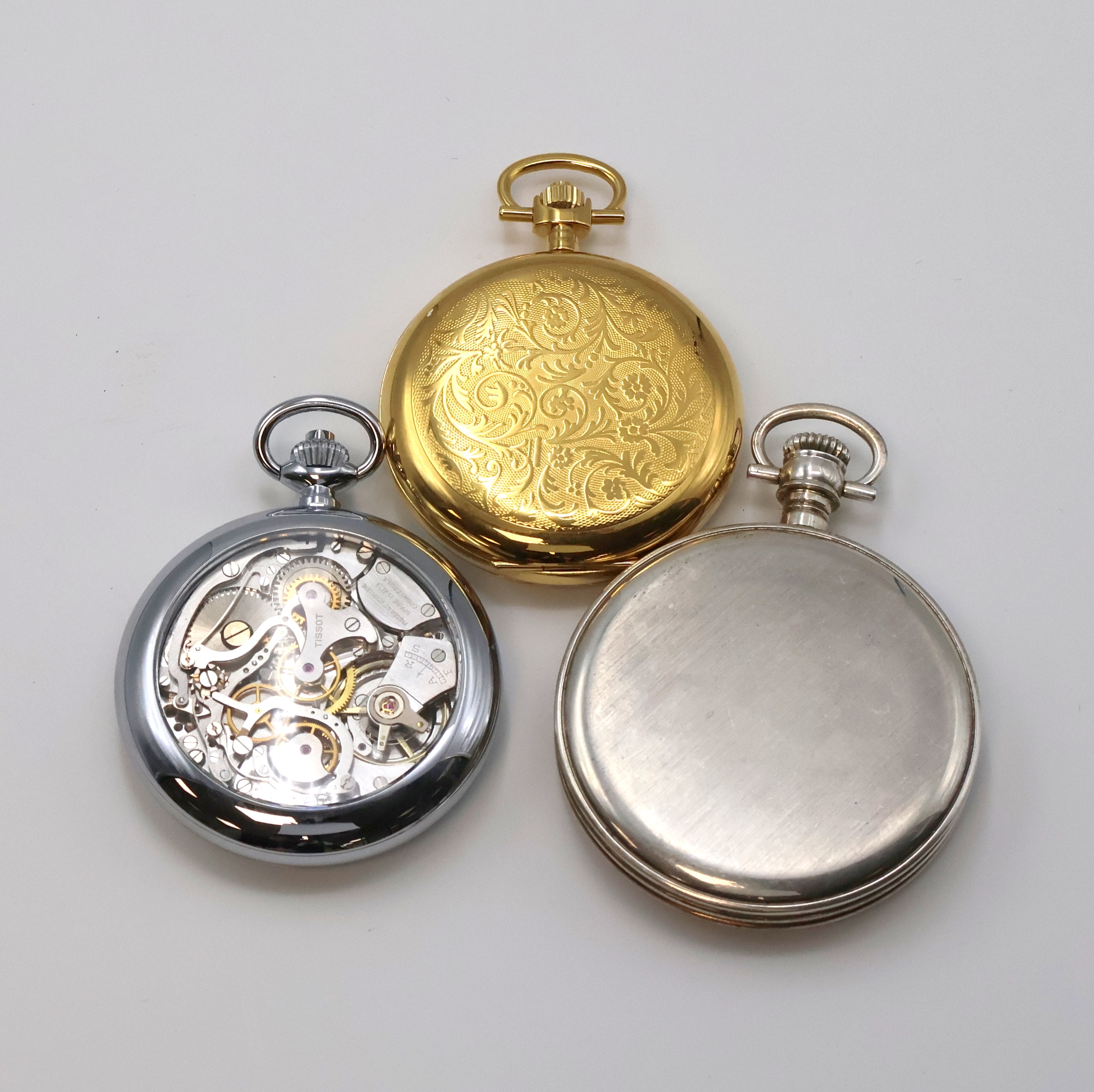 Detail a: TISSOT 3 Taschenuhren, 1 x mit Chronograph, Schweiz um 1980, 1) Schaltradchronograph, beids. vergl. Geh., verchr., weißes Zifferbl., schwarze ...