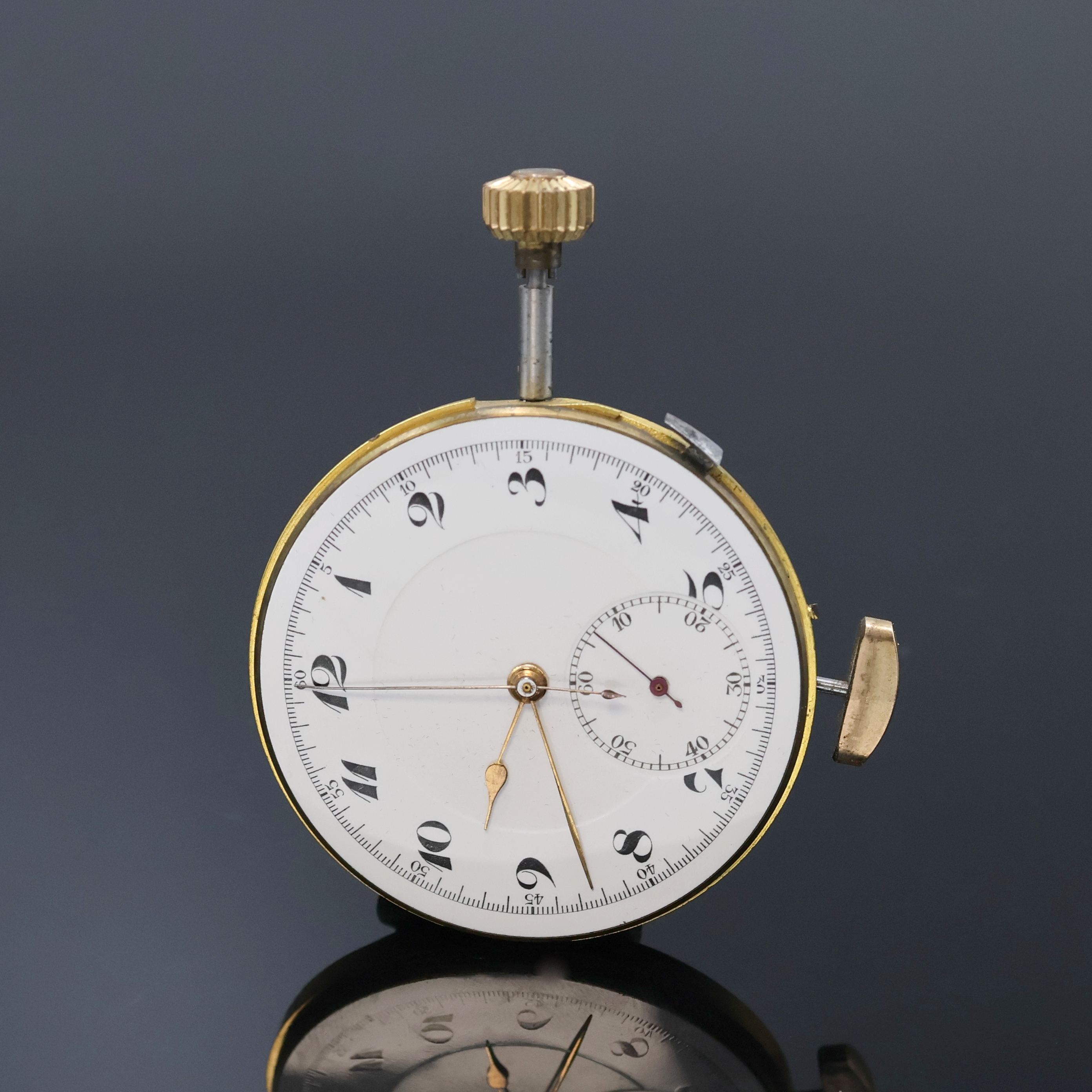 Detail a: Taschenuhrwerk mit 1/4-Std.-Repetition und Schaltradchronograph, Schweiz um 1910, weißes Emailzifferbl., arab. Zahlen, Zeiger teils später, ...